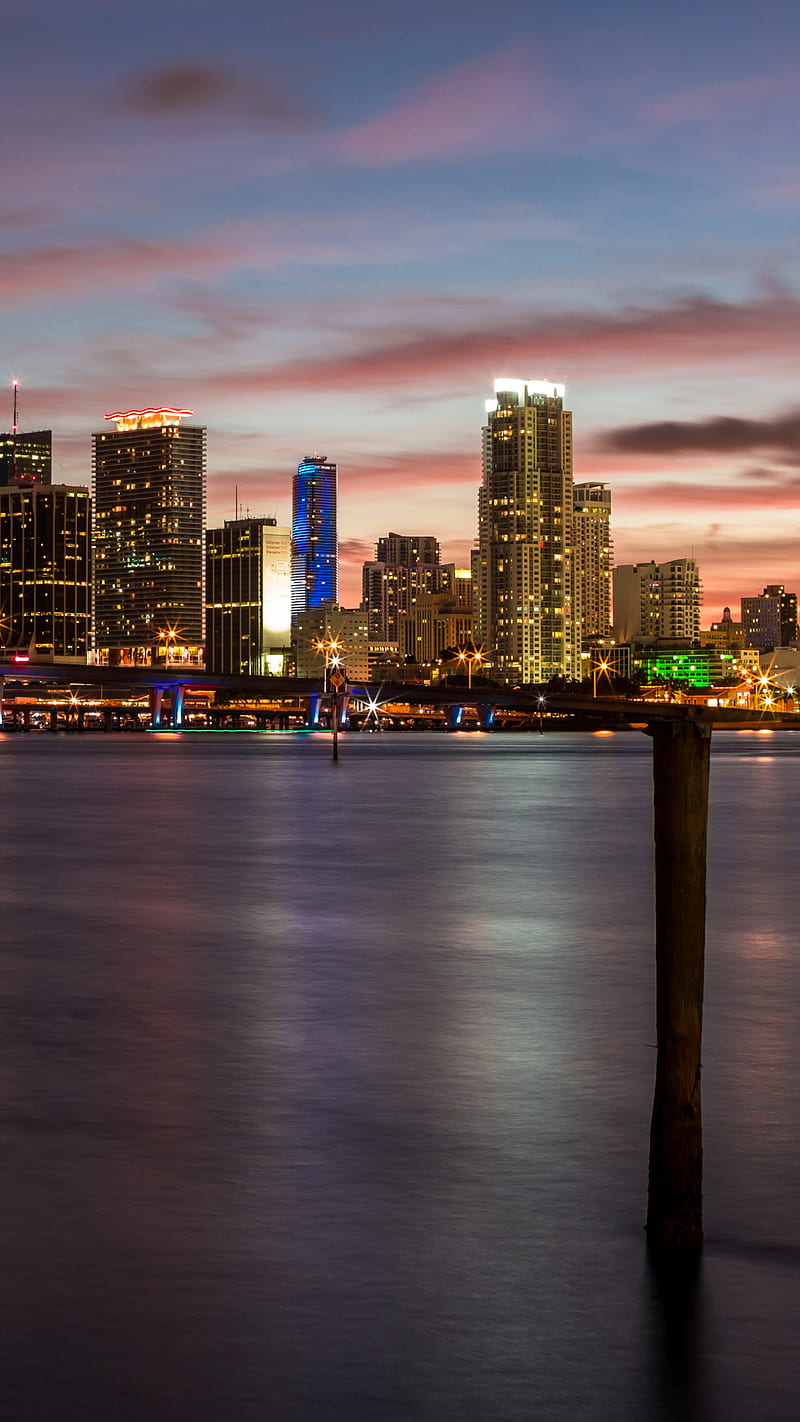 800x1422 Miami, water, night, city, cityscape, skyscraper, florida, HD phone wallpaper