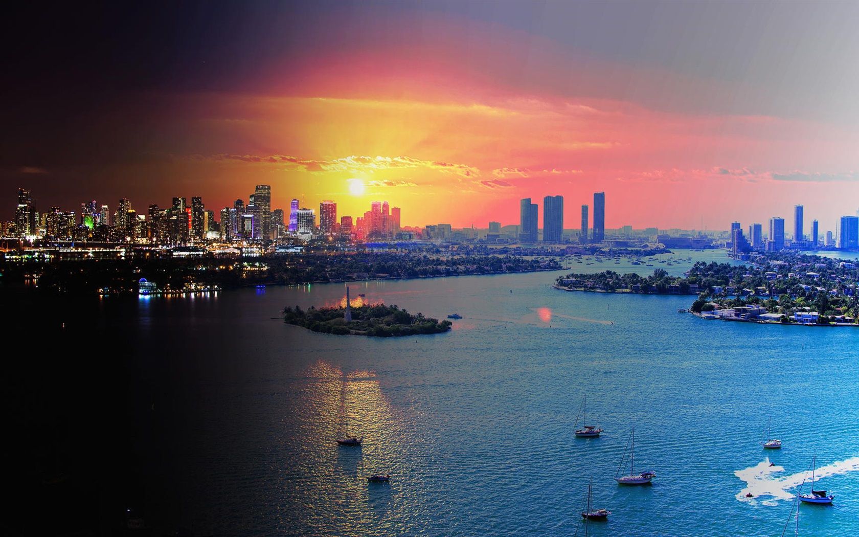 1680x1050 Wallpaper Miami, Florida, USA, city at sunset, skyscrapers, sea, boats 1920x1080 Full HD 2K Picture, Image