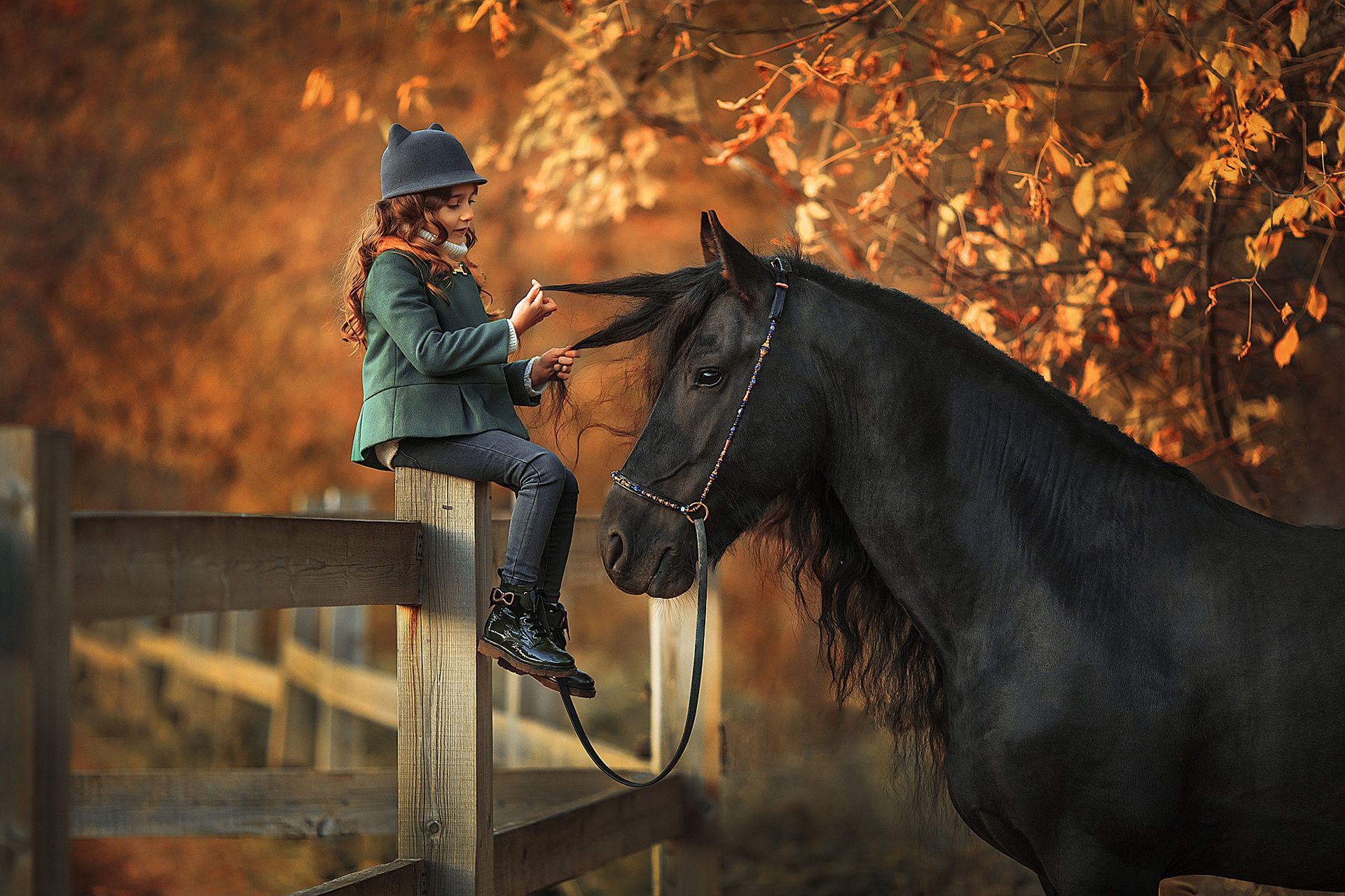 1920x1280 Heartwarming Bond: Little Girl and Horse in Autumn Glow