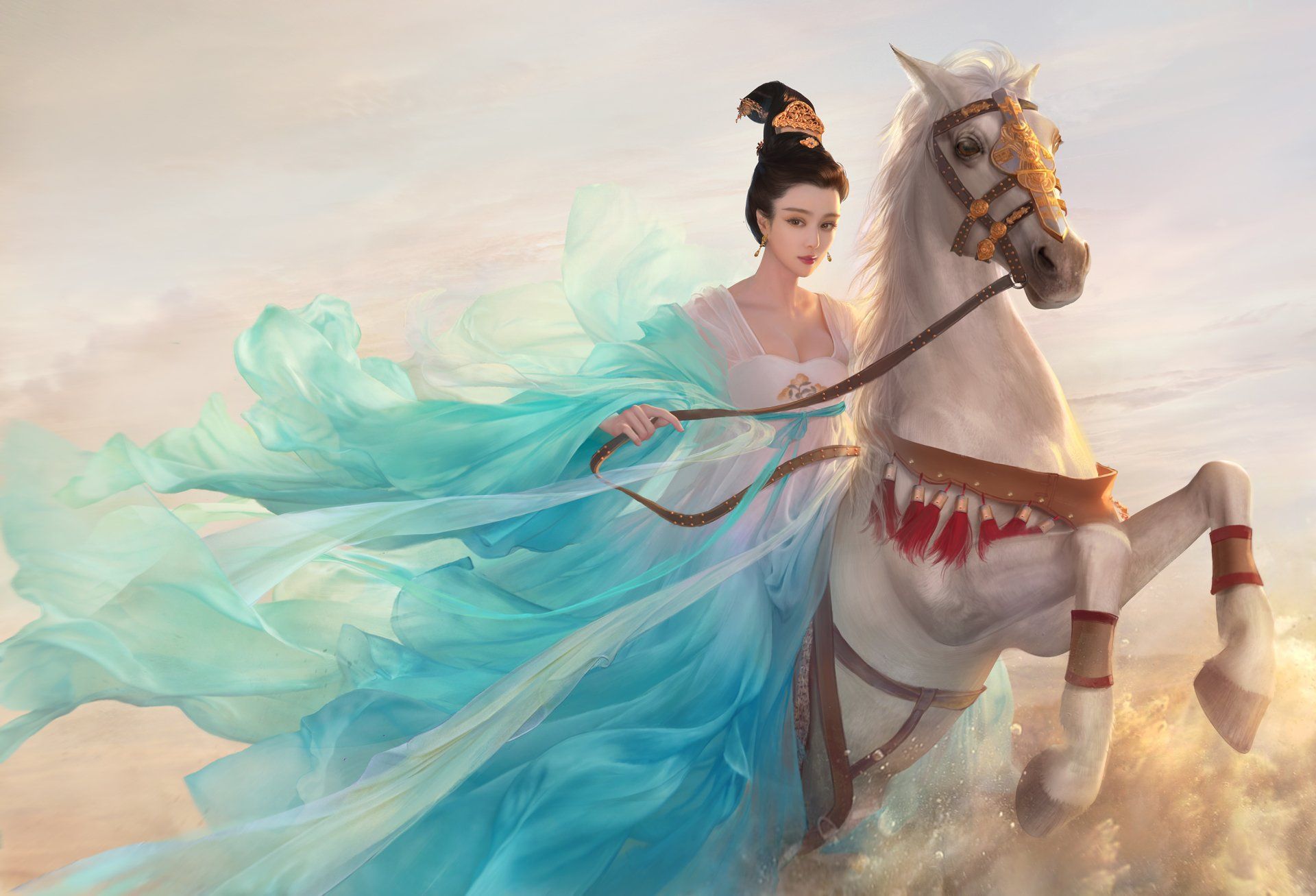 1920x1307 Fantasy Asian Woman on Horse Wallpaperx2000