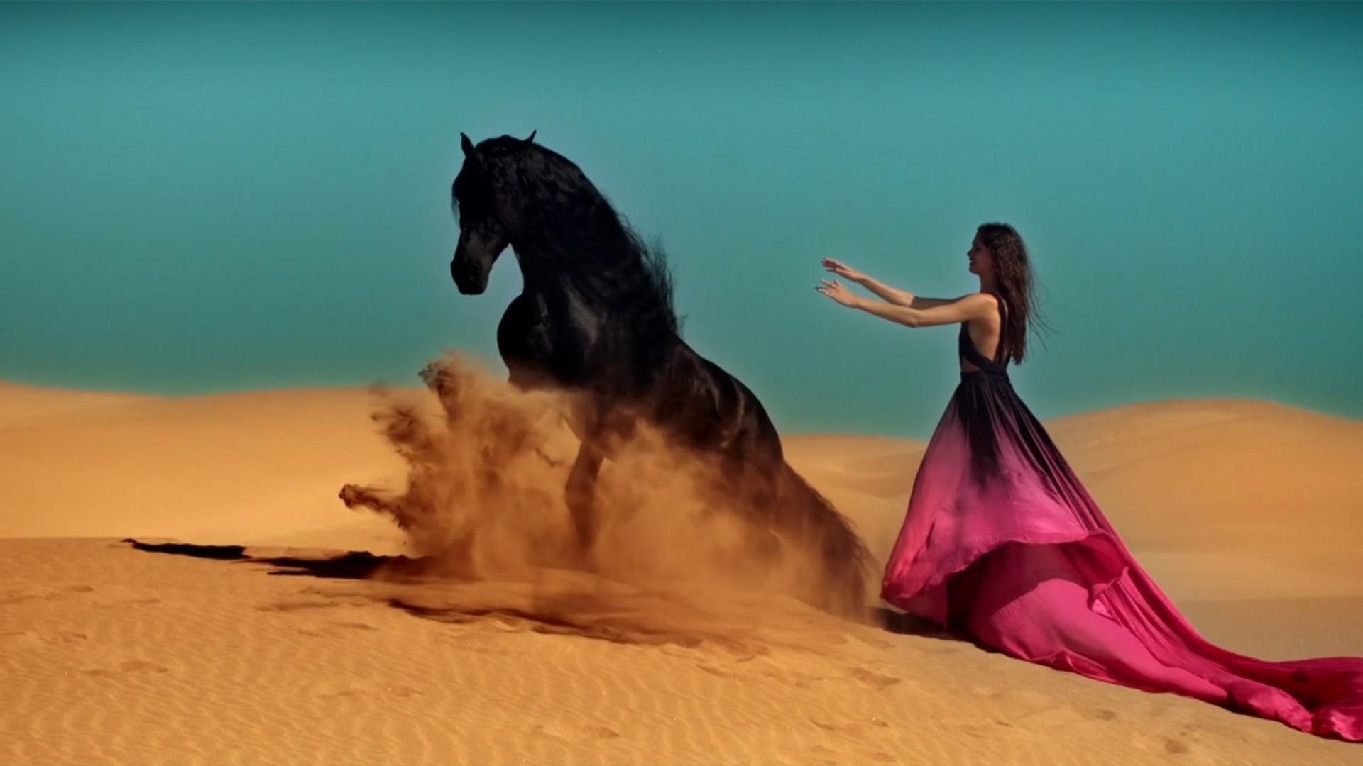 1920x1080 black, Horse, , Deset, Woman, Dress, Sand Wallpaper HD / Desktop and Mobile Background