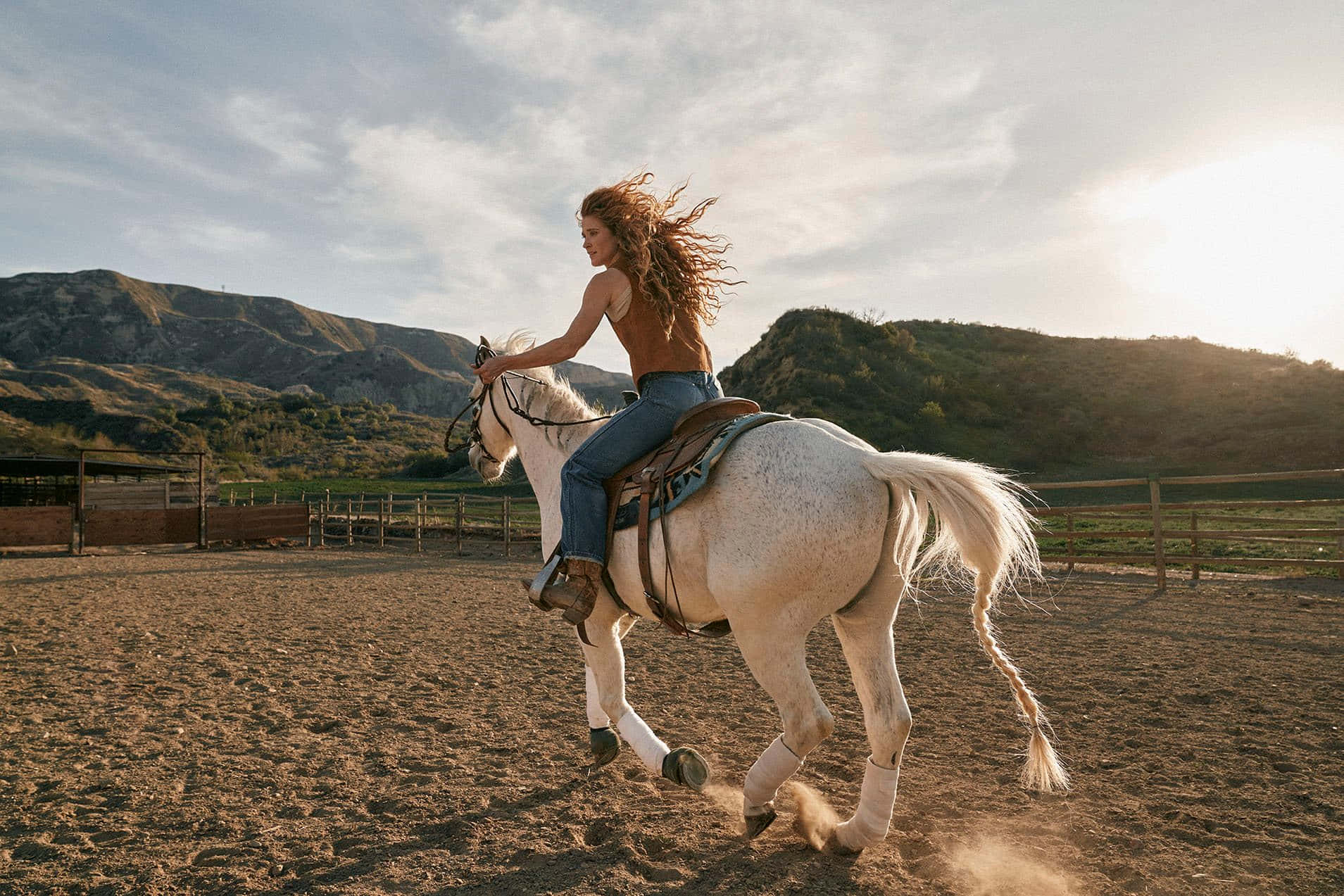 1909x1273 Download Country Girl Horseback Ridingat Sunset Wallpaper