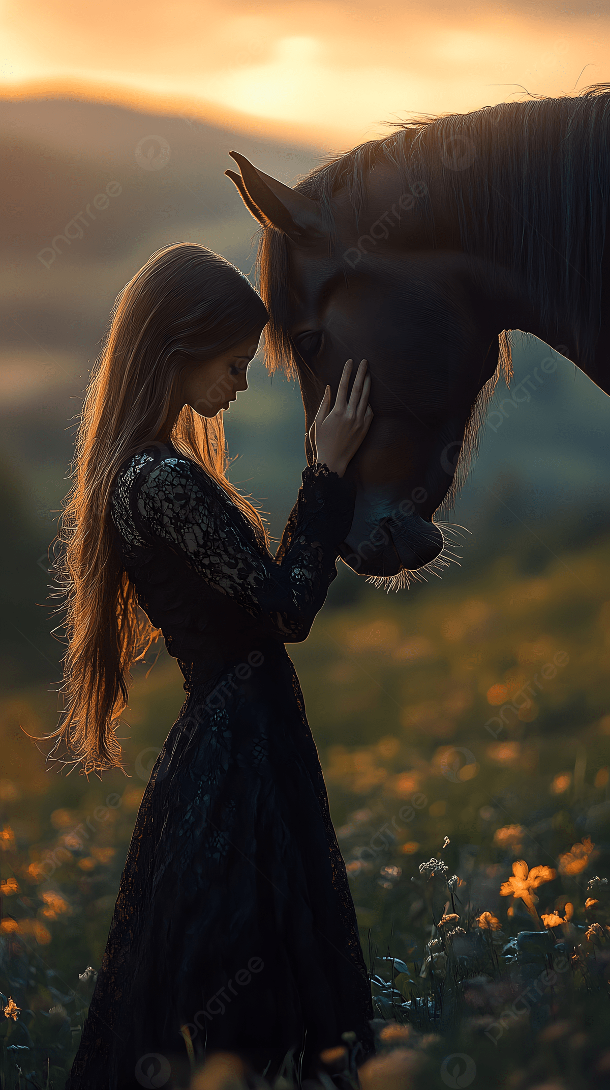 1200x2141 A Woman In Black Dress Gently Touches Horses Face At Sunset Photo And Picture For Free Download