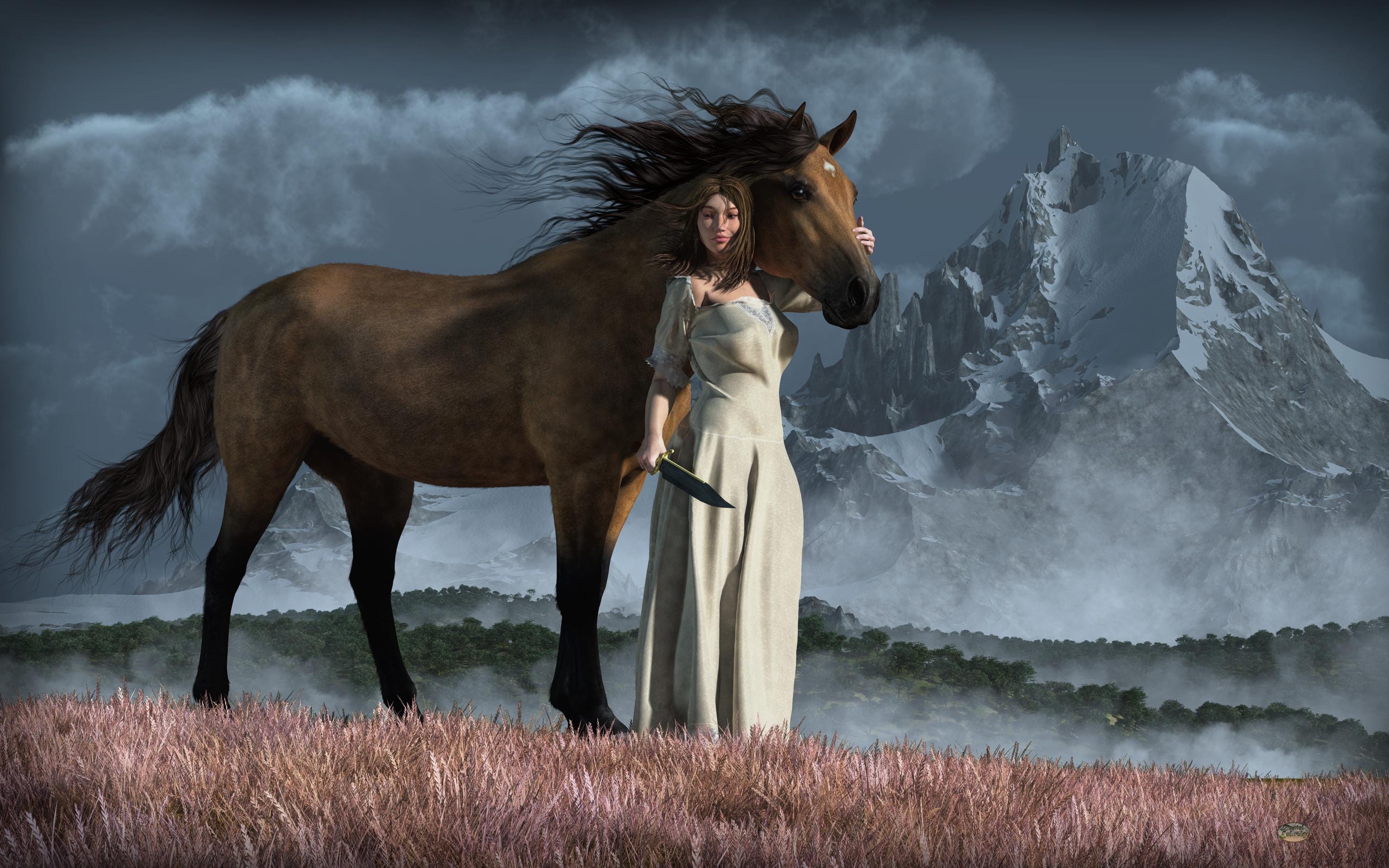 3000x1875 After the Storm, Wild West Themed Art Print Featuring a Woman in a Dress and a Horse in the Wilderness