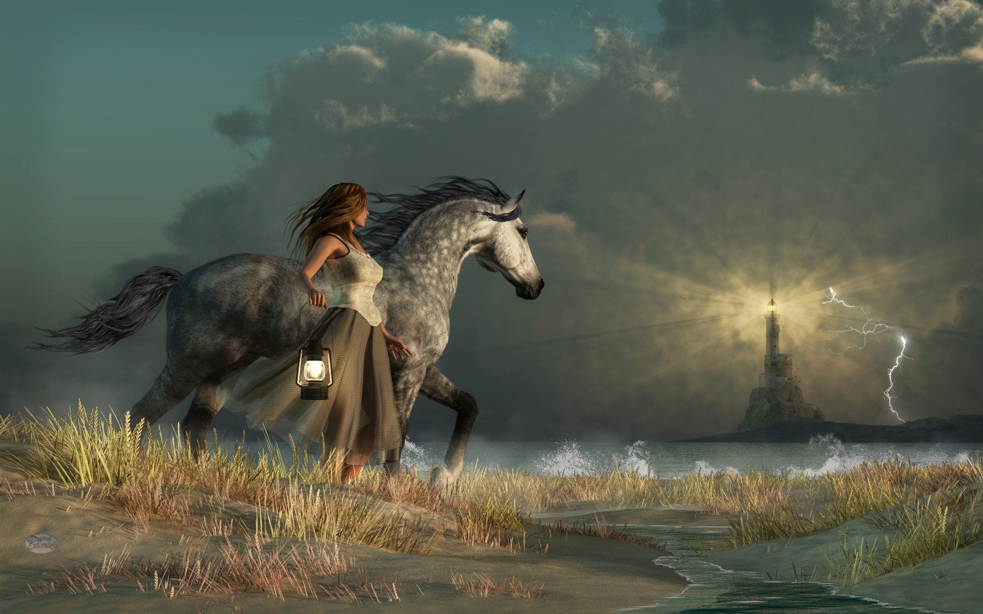 2000x1250 Lights Against the Storm Print Wall Art Featuring Woman and Dapple Gray Horse Looking at a Lighthouse