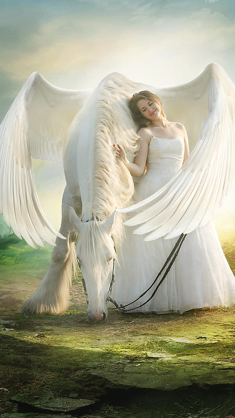 800x1422 White, animal, fantasy, female, girl horse, white dress, white horse, wings, HD phone wallpaper