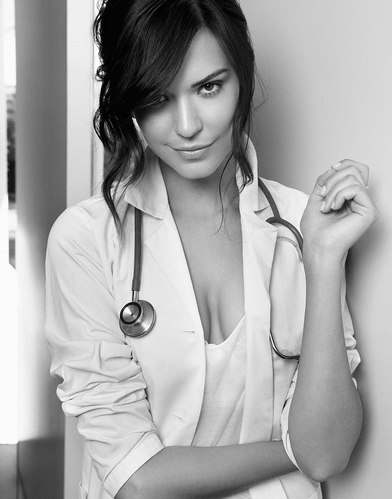 800x1018 Odette Annable, women, actress, brunette, stethoscope, monochrome, women indoors, HD phone wallpaper