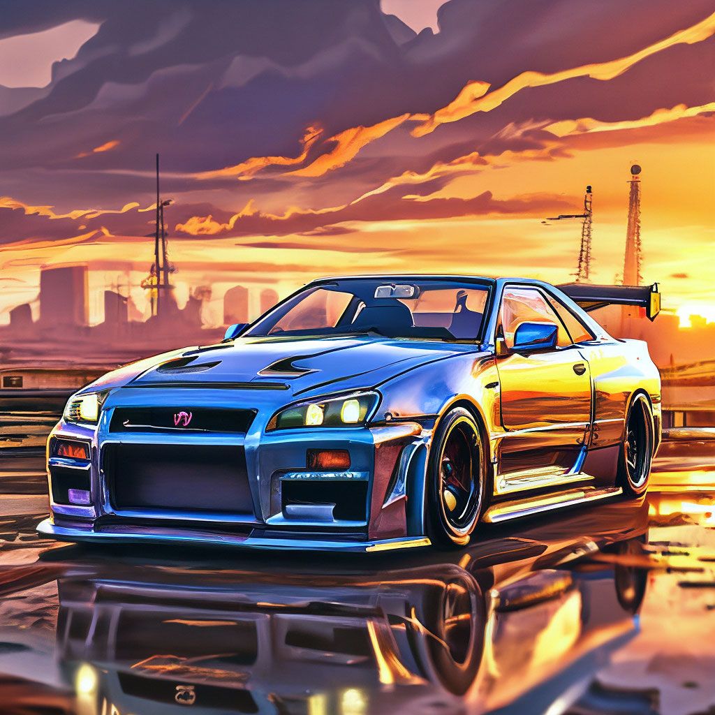 1024x1024 Nissan skyline gtr r34 on sunset background, cartoon style, comic, aesthetically pleasing, beautiful, 4k, high