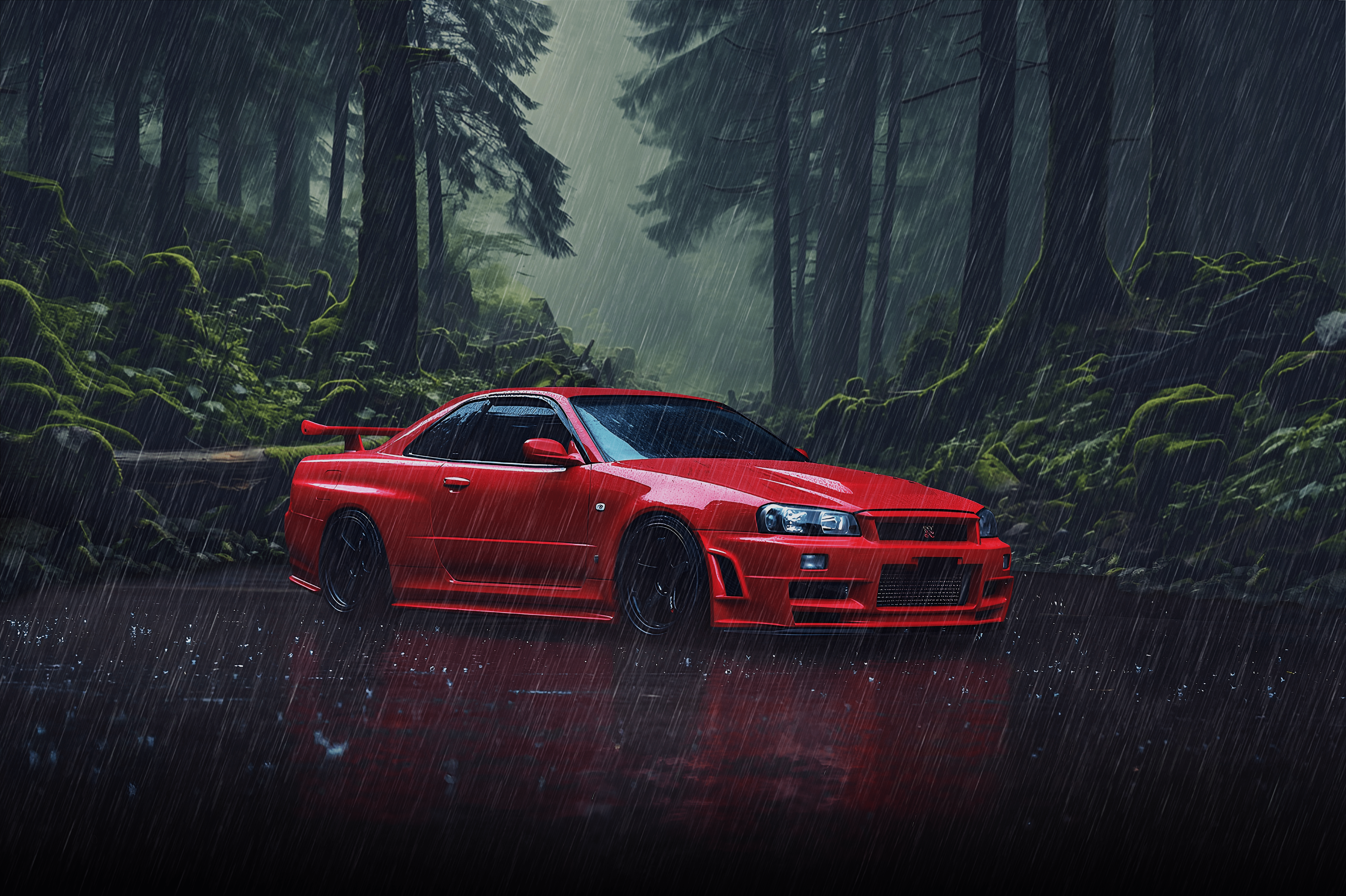 5568x3708 4K JDM Beast: Iconic Red Skyline in Mystic Rainx3708