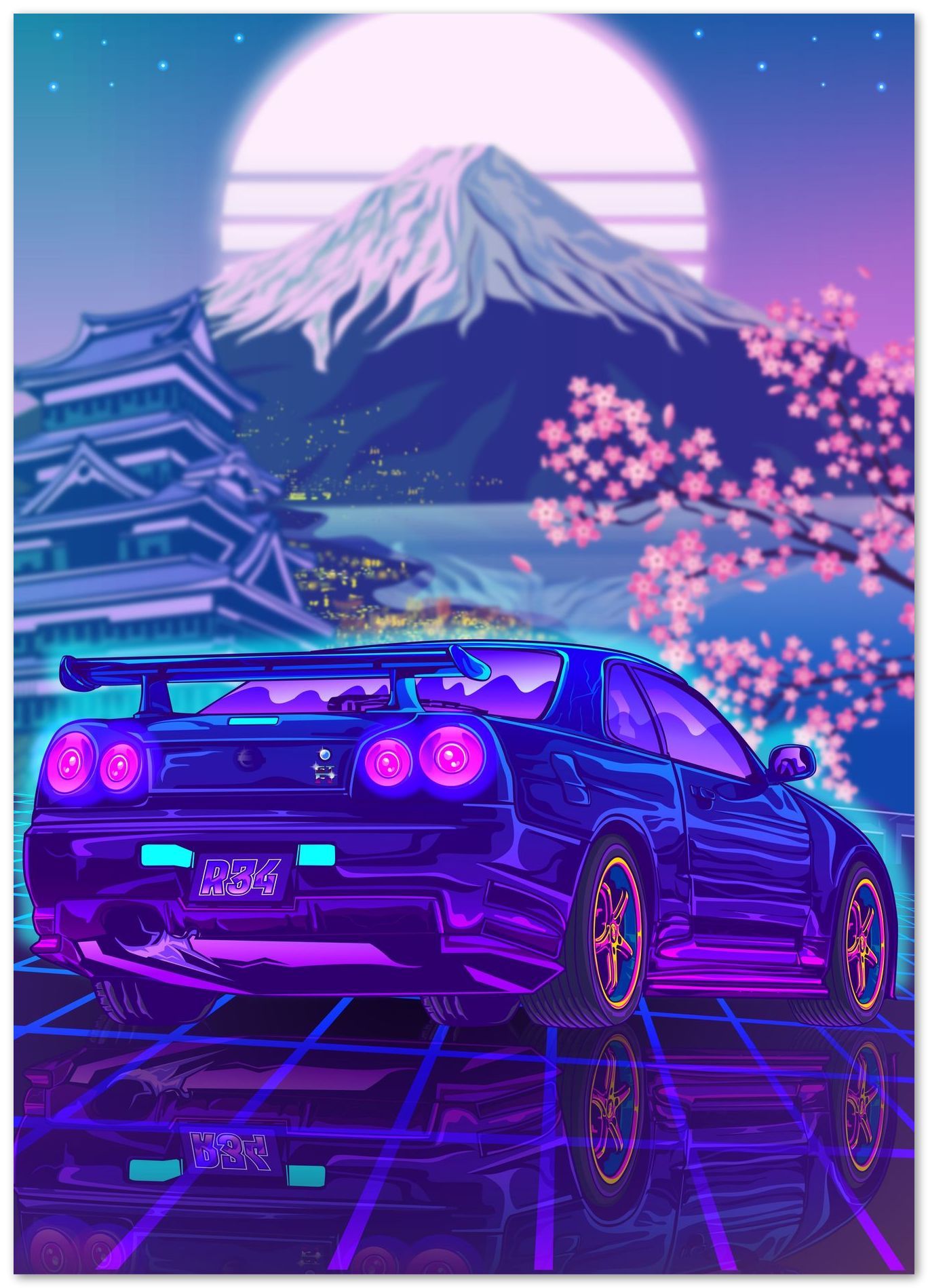 1368x1899 Skyline Gtr R34 Japanese Synthwave Fuji Sunset - illustrations and artworks made