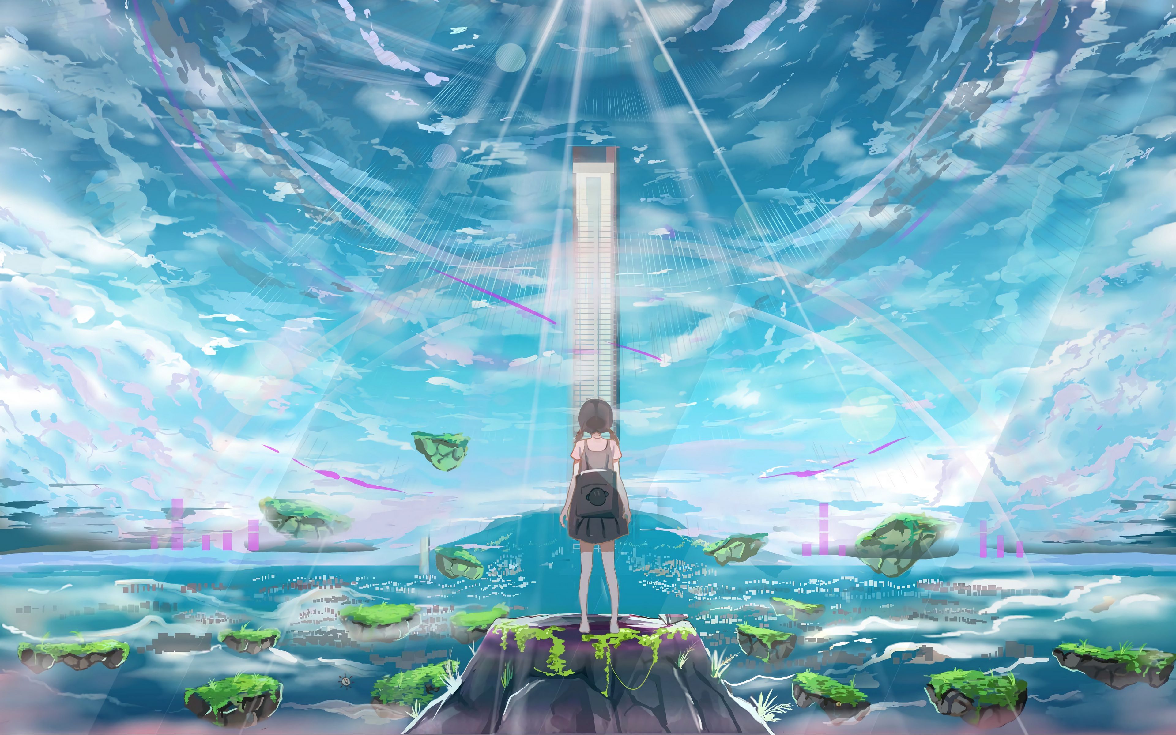 3840x2400 Download wallpaper 3840x2400 girl, island, building, light, rays, anime, art 4k ultra HD 16:10 HD background