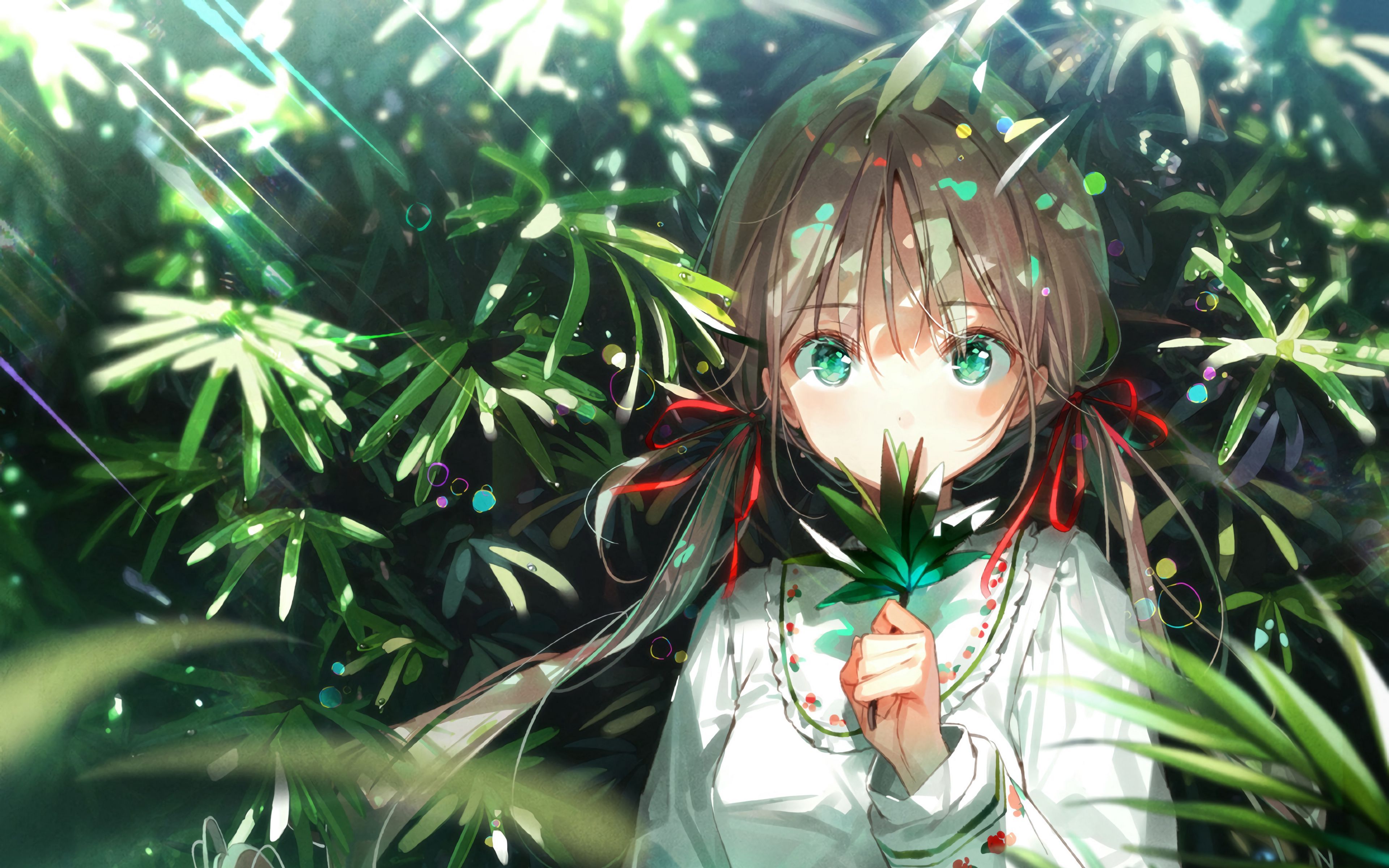 3840x2400 Download wallpaper 3840x2400 girl, glance, leaves, rays, anime, art 4k ultra HD 16:10 HD background