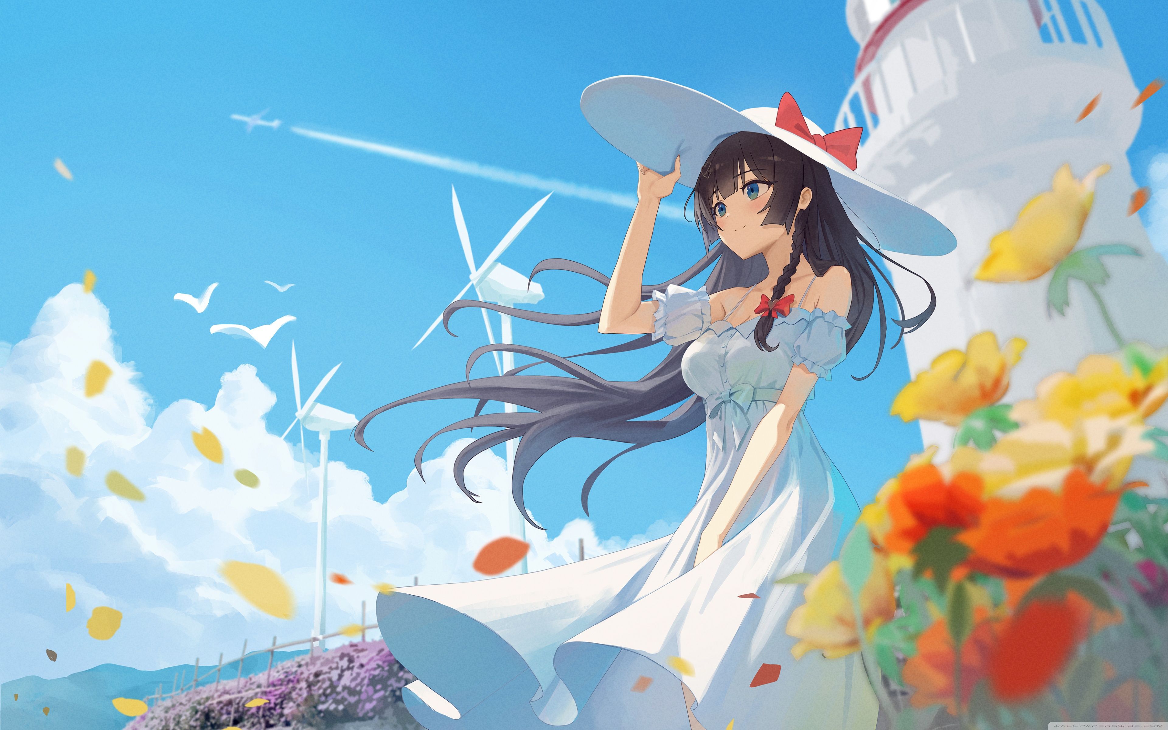 3840x2400 Girl, Anime, Lighthouse, Flowers, Summer, Wind Turbines 4K UHD Wallpaper for UltraHD Desktop and TV : Widescreen and UltraWide Display : Dual Monitor : Smartphone and Tablet Devices