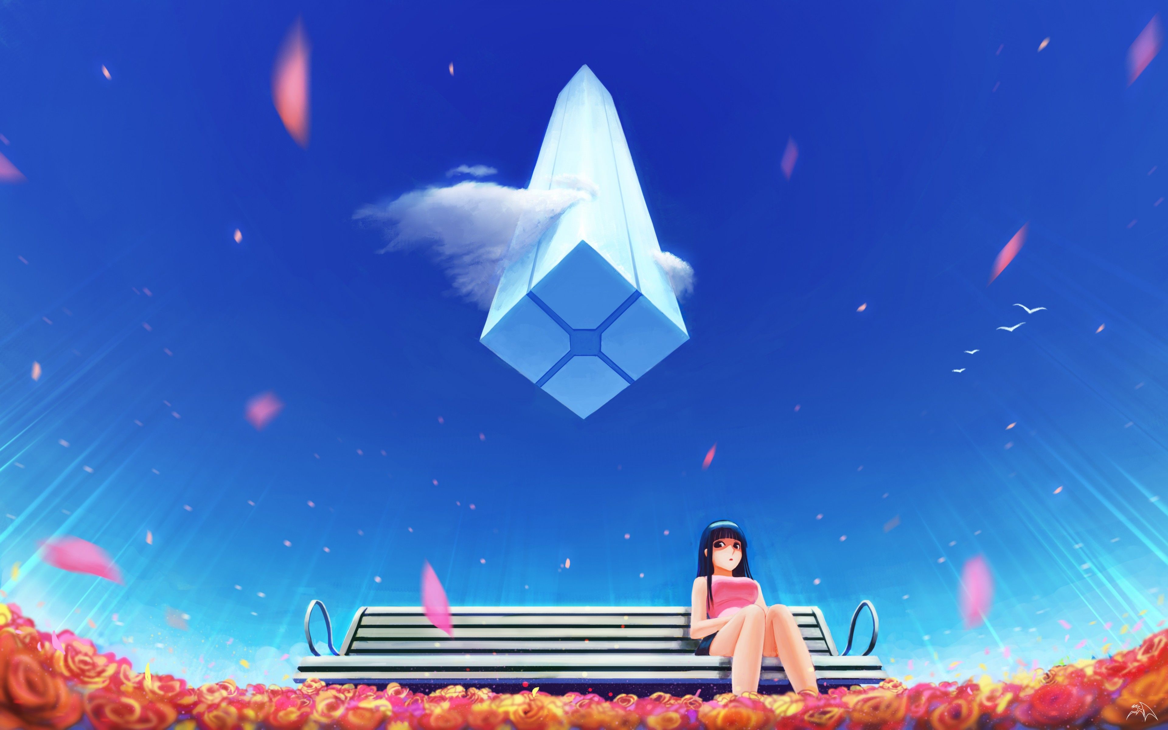 3840x2400 Anime Girl Alone Bench Blue Sky 4K Wallpaper