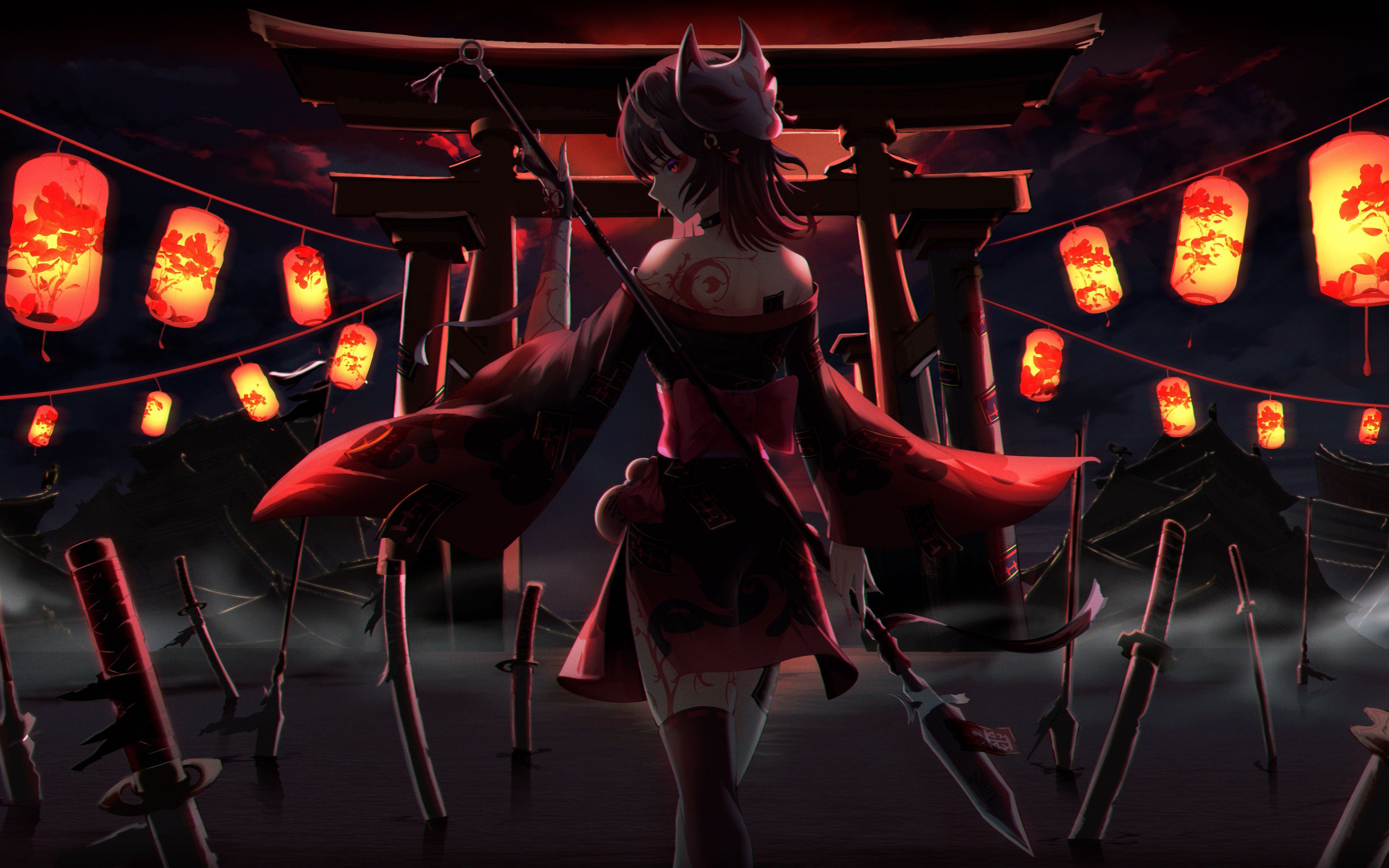 3840x2400 Download wallpaper 3840x2400 girl, dress, ninja, lanterns, anime, art 4k ultra HD 16:10 HD background