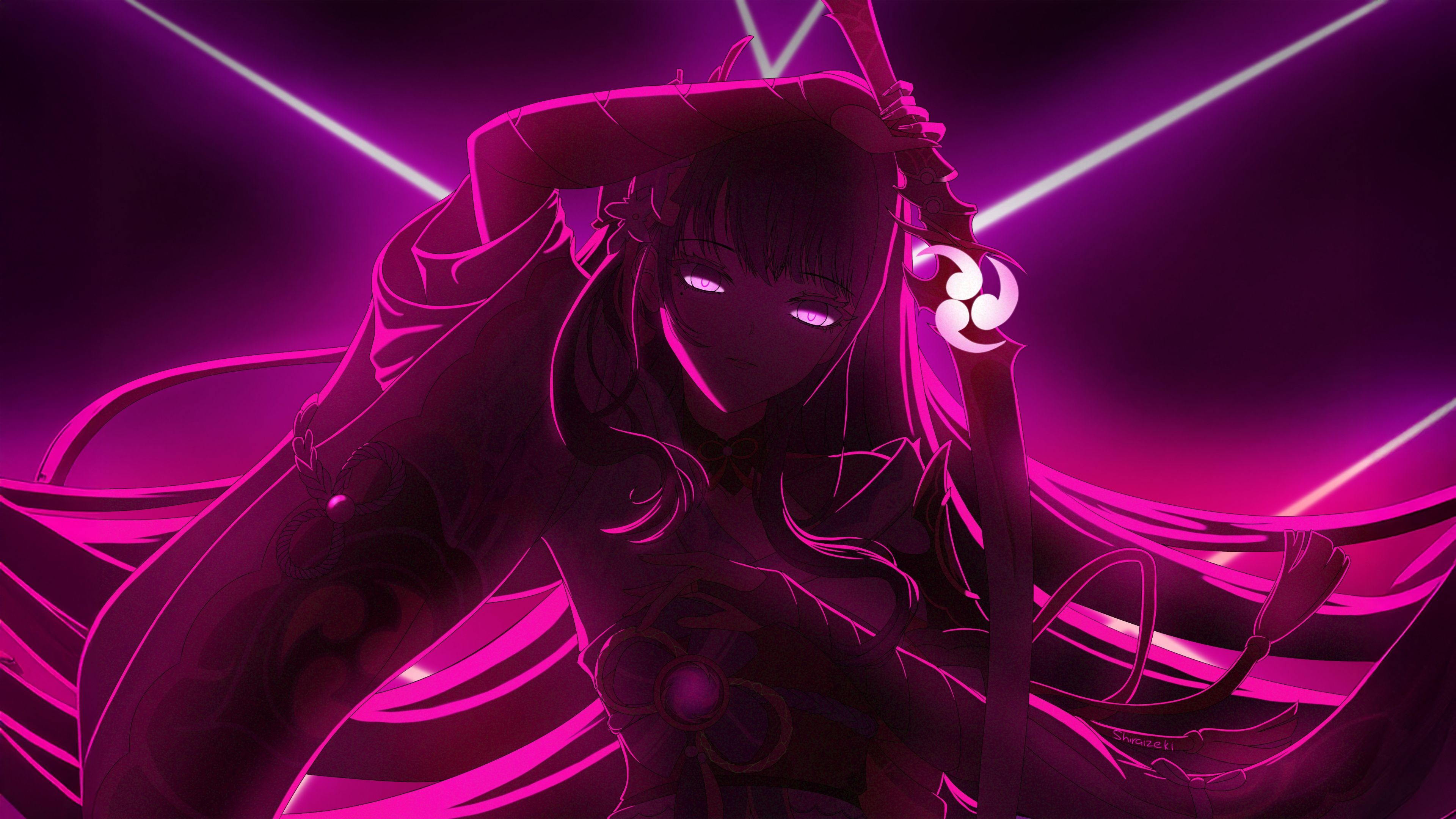 3840x2160 Raiden Shogun Wallpaper 4K, Neon art, Pink aesthetic
