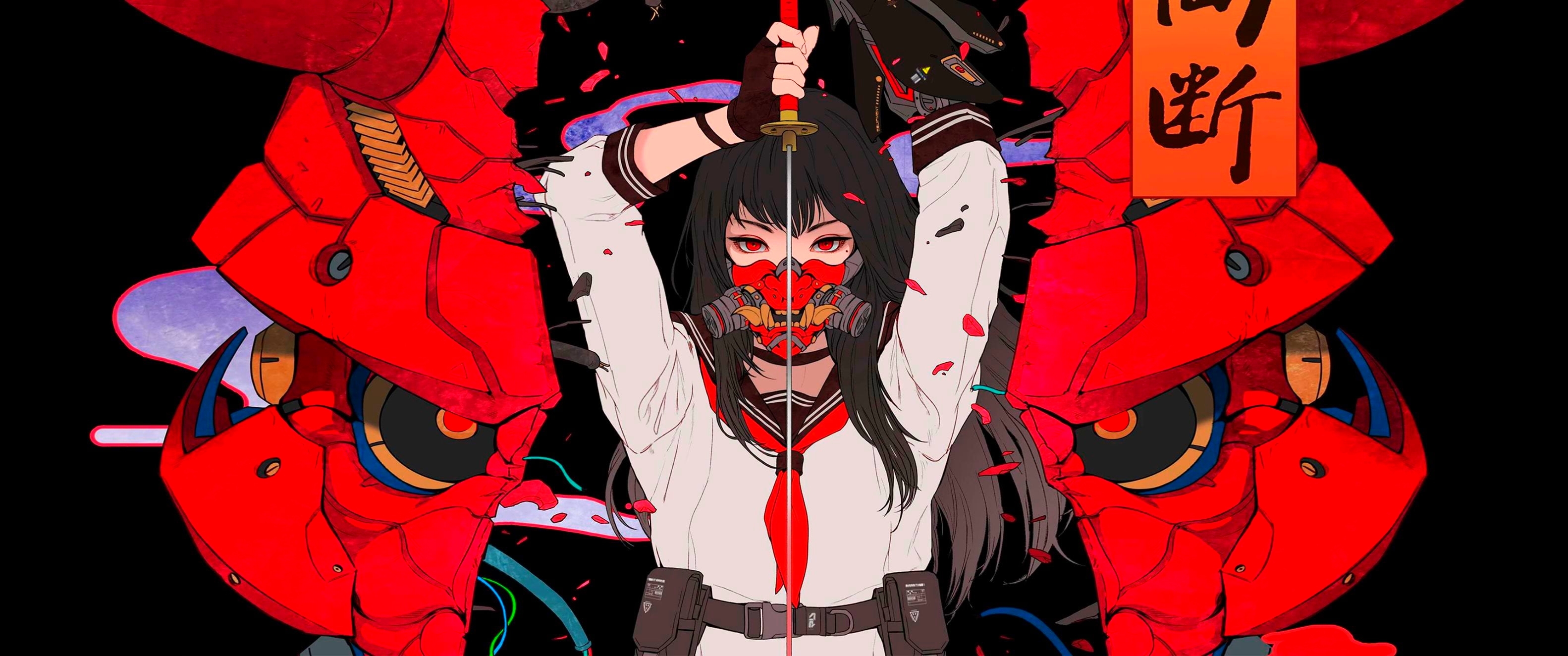 3165x1324 Cyberpunk Neon Katana Girl Wallpaper, HD Anime 4K Wallpaper, Image and Background