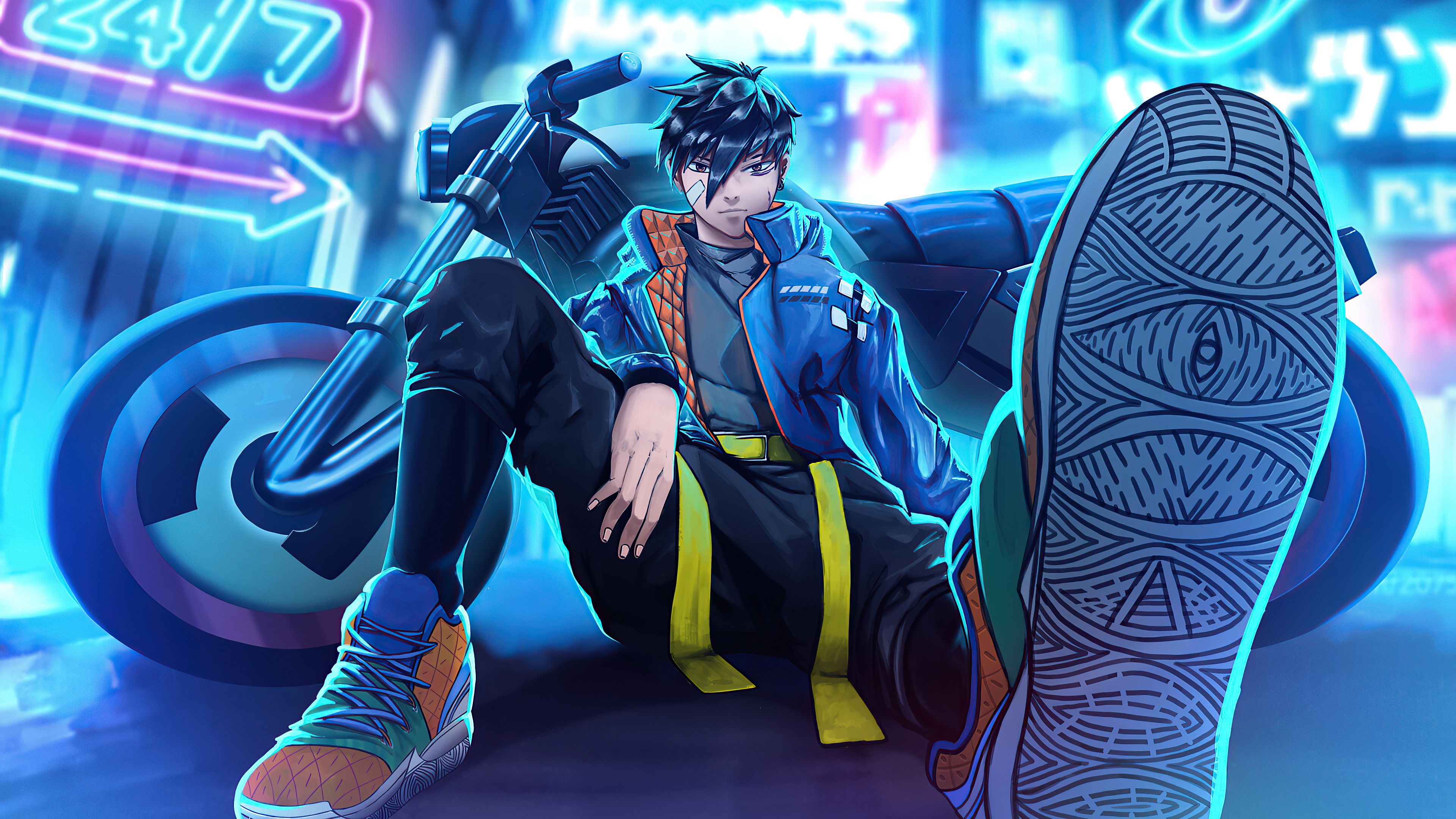 3840x2160 Futuristic Biker in Neon Cityscape