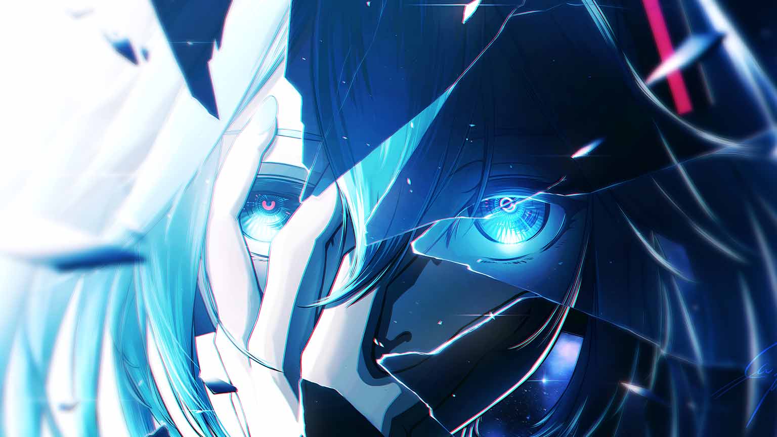 1536x864 Vocaloid Hatsune Miku Shattered Glass Neon Eyes Wallpaper 4k
