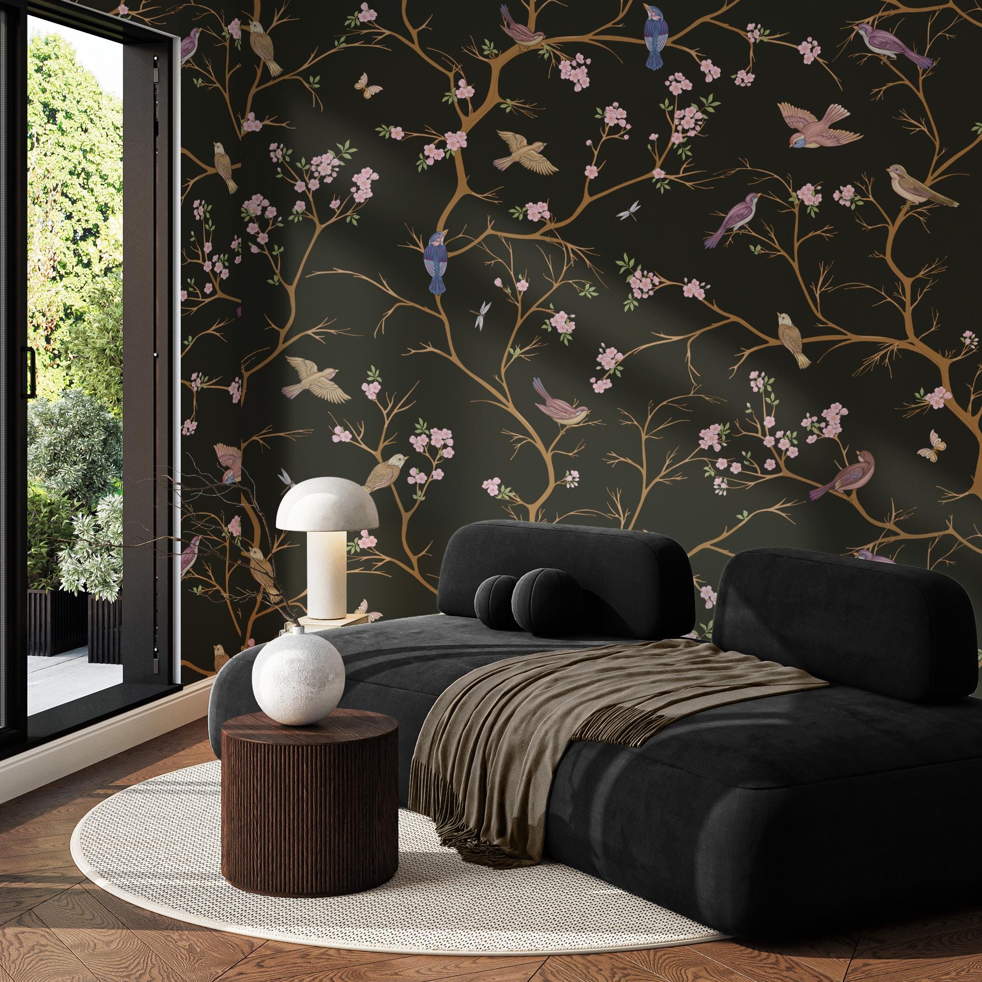 2000x2000 Elegant Dark Chinoiserie Wallpaper with Birds Blossoms, Moody Asian Inspired Botanical Mural for Accent Wall, Removable Peel & Stick