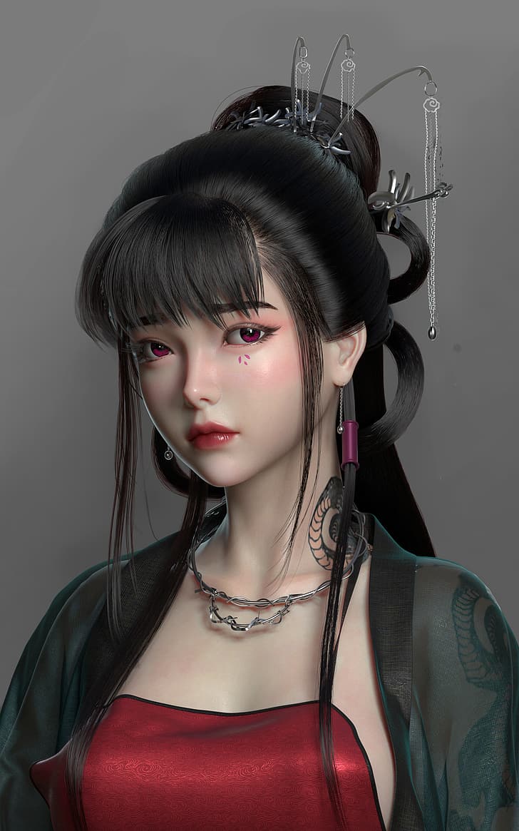 728x1165 HD wallpaper: 3D, render, fantasy art, Asian, dark hair, women, fantasy girl