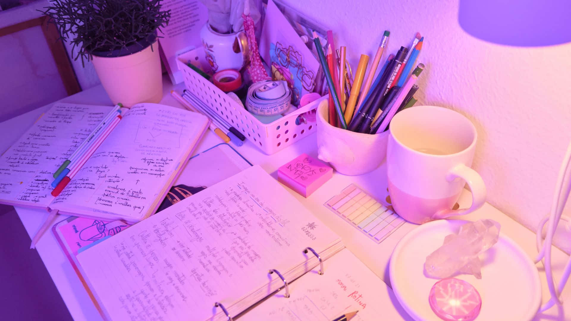 1920x1080 Download Study Desk Under Purple Light Wallpaper