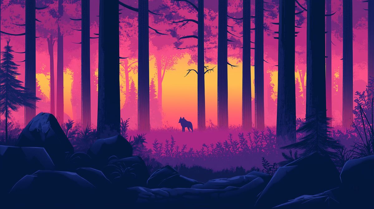 1200x673 Forest and Wolf Mural Wallpaper in Study Room. Various Colors (Pink, Purple, etc.) of Forest and Wolf