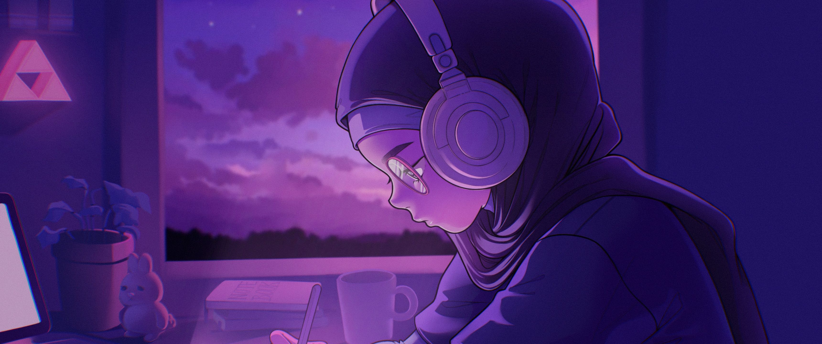 3440x1440 Lofi girl Wallpaper 4K, Listening music, Purple aesthetic