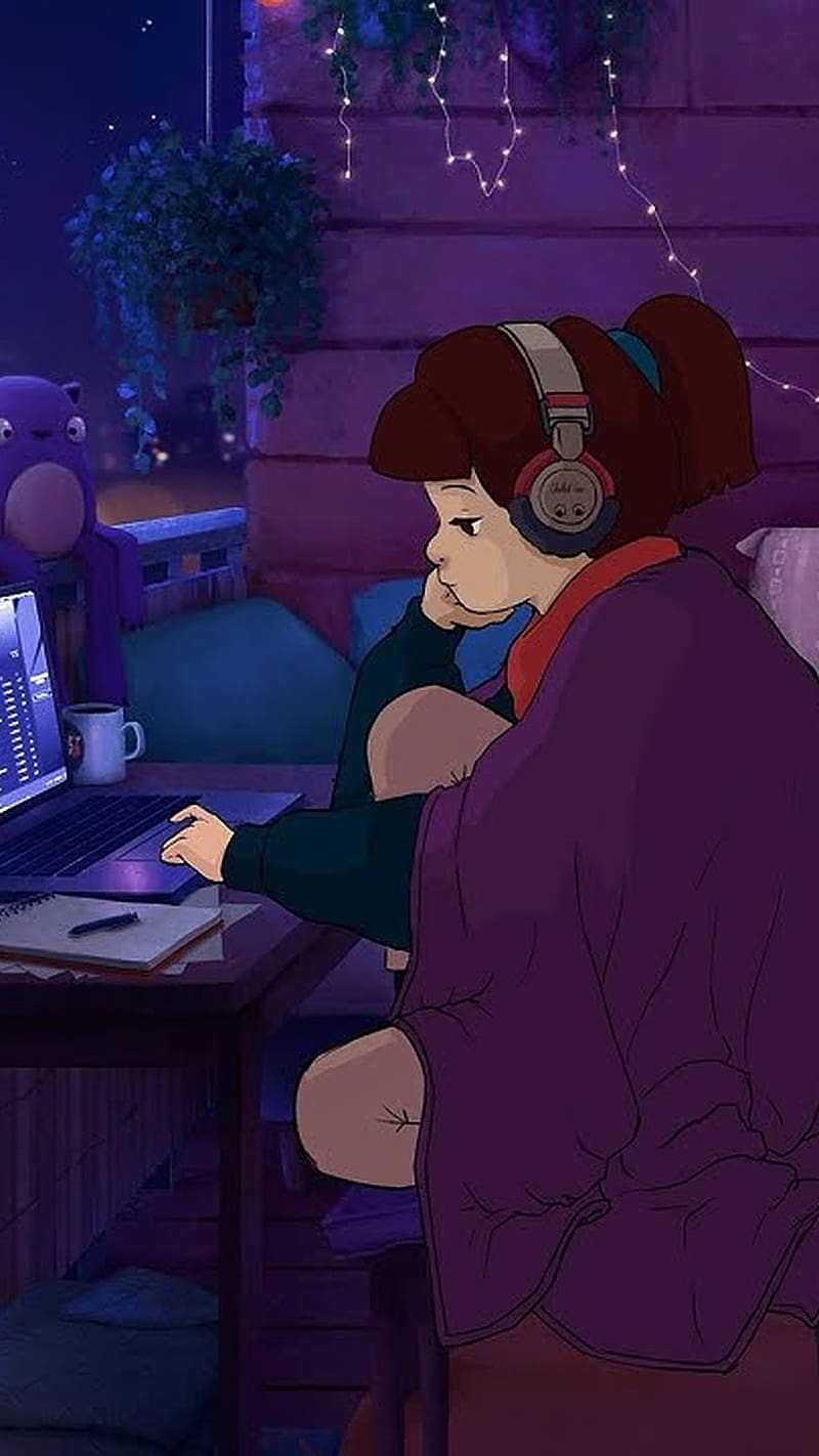 800x1422 Lofi Study, Using Laptop, animated, lofi girl, HD phone wallpaper