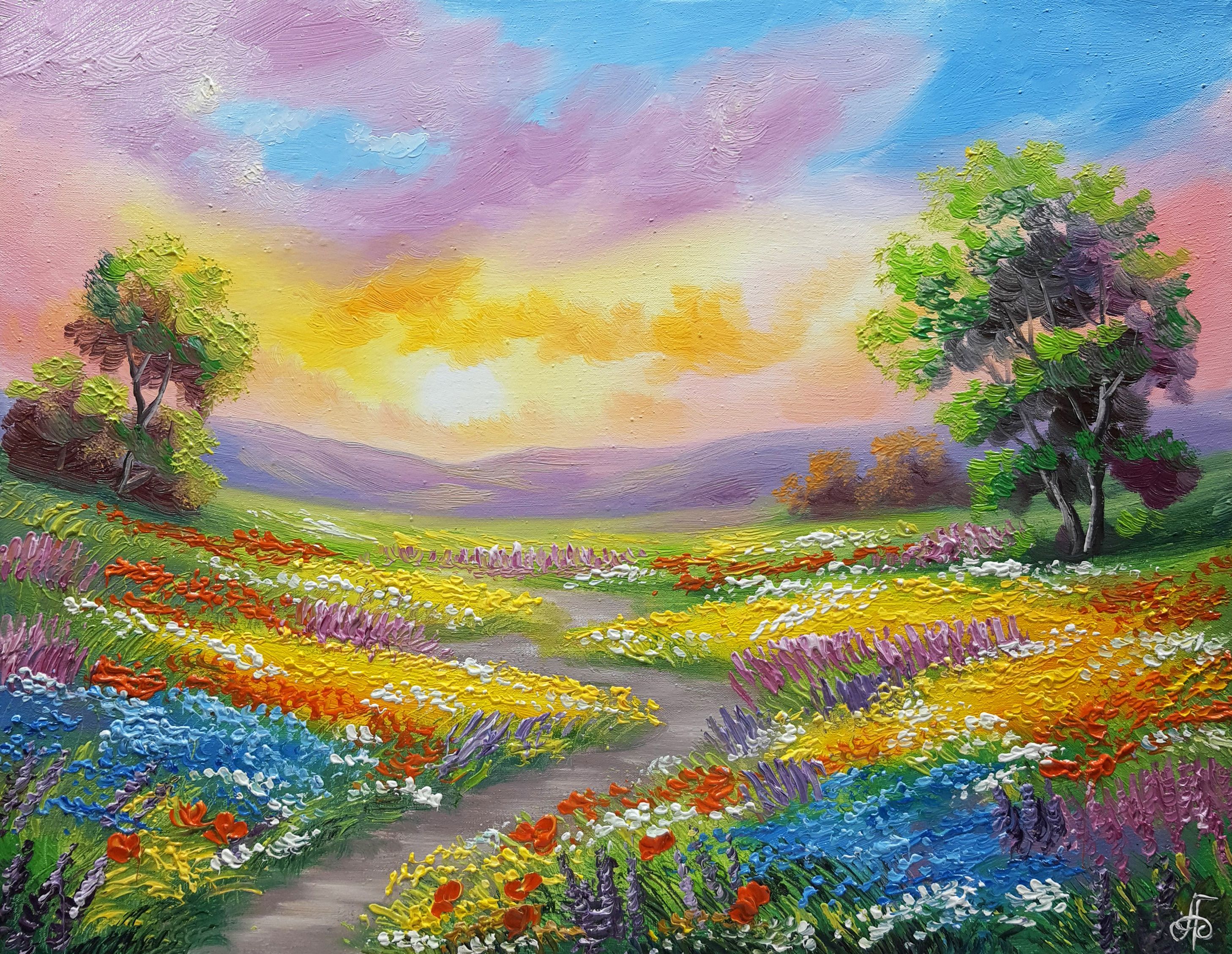2915x2257 Summer Landscape Painting Flower Field Path Sunrise Colorful Wall Art Gift Decor
