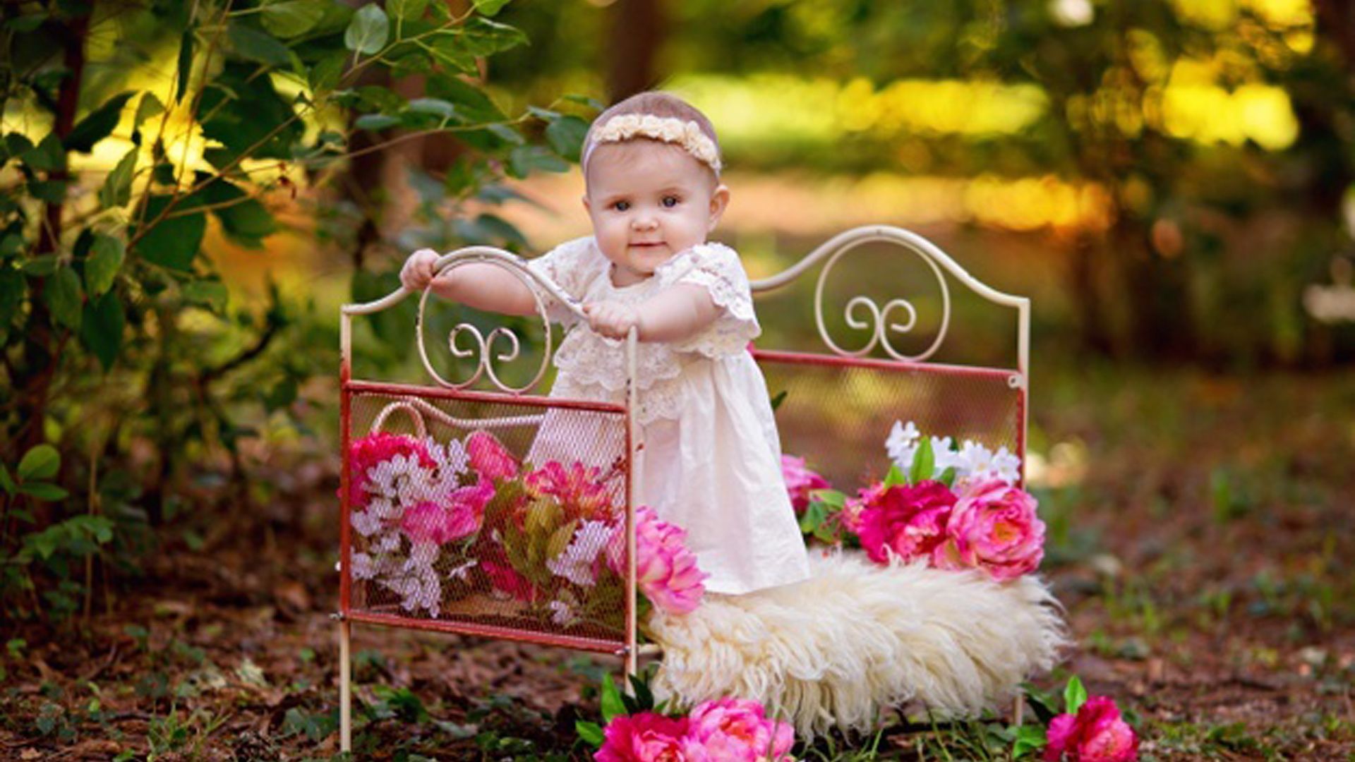 1920x1080 Cute Baby Girl Is Standing On Little Bed Wearing White Dress HD Cute Wallpaper