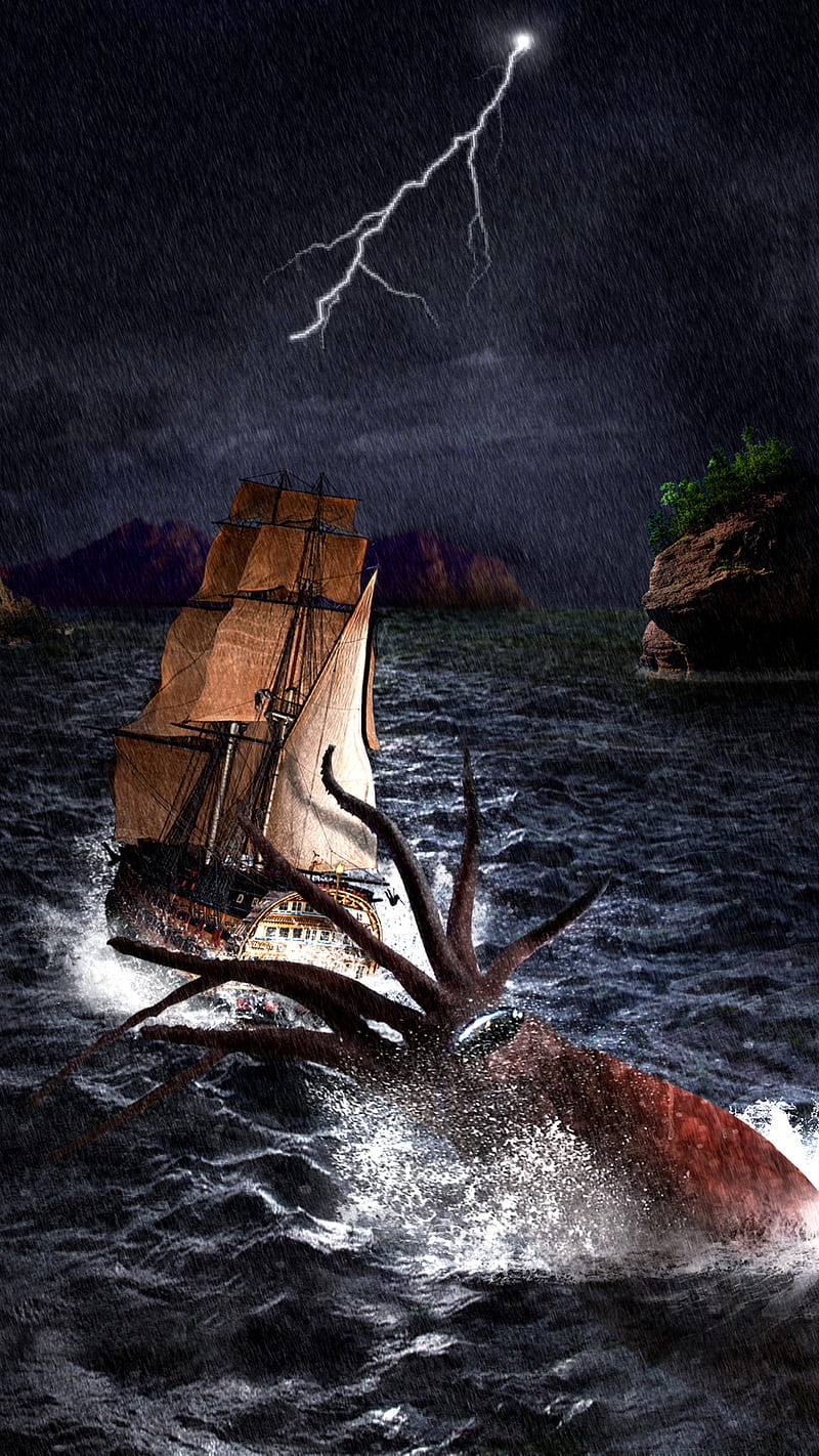 800x1422 Abyss Monster, abyss, galleon, giant squid, legends, marine, tales, HD phone wallpaper