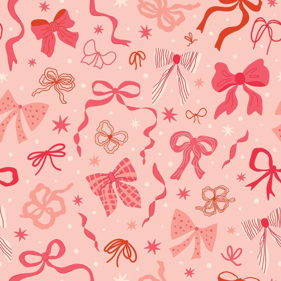 980x980 Pink coquette bows and ribbons seamless pattern. preppy wallpaper with bow knots, stars, polka dots. Romantic repeat background for Valentines day, girls birthday, cute print, textile design