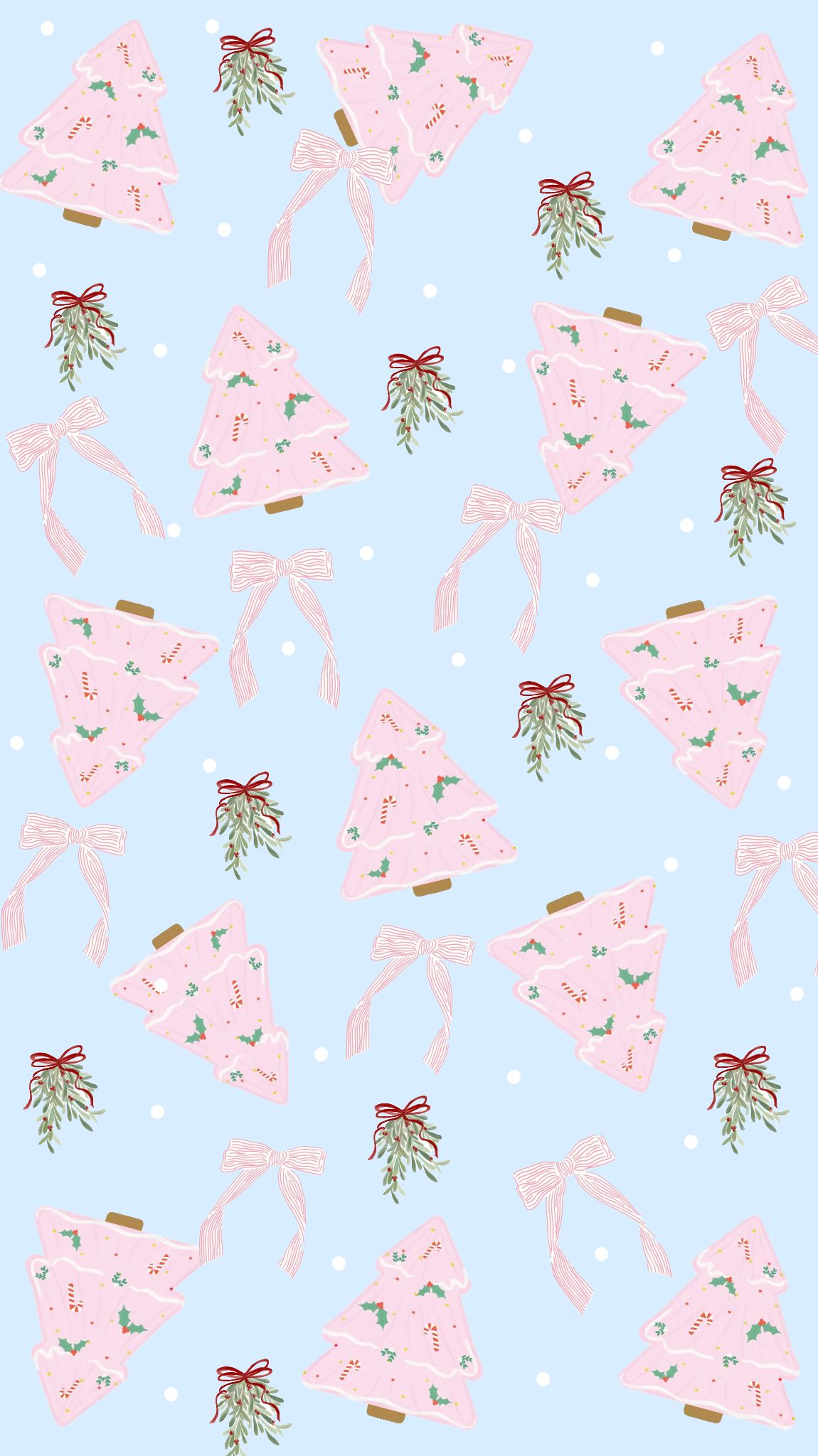 1150x2048 Cute Pastel Pink Bow & Christmas Tree Cookie Preppy Wallpaper