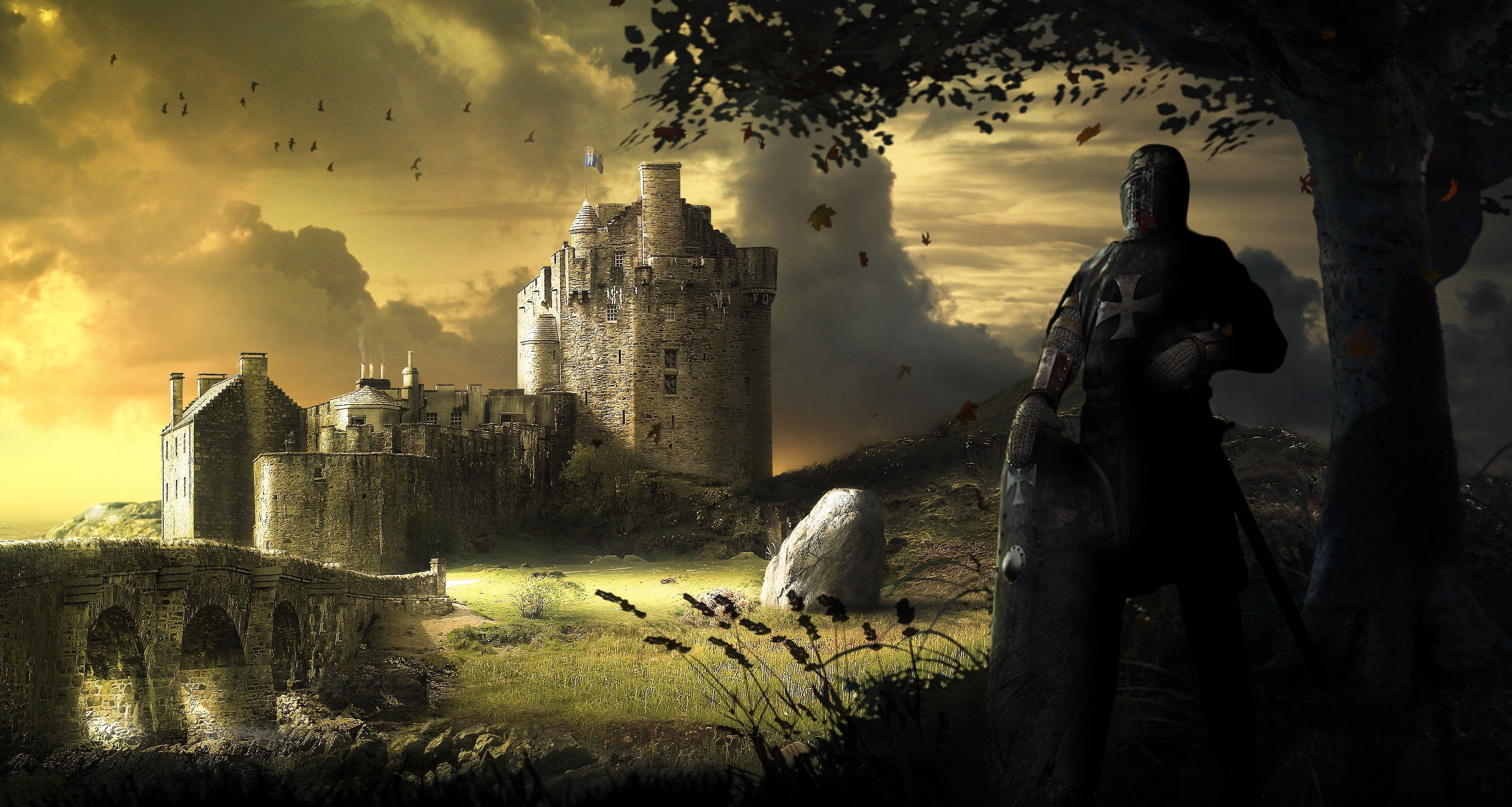 3687x1967 Wallpaper Castle on Green Grass Field, Background Free Image
