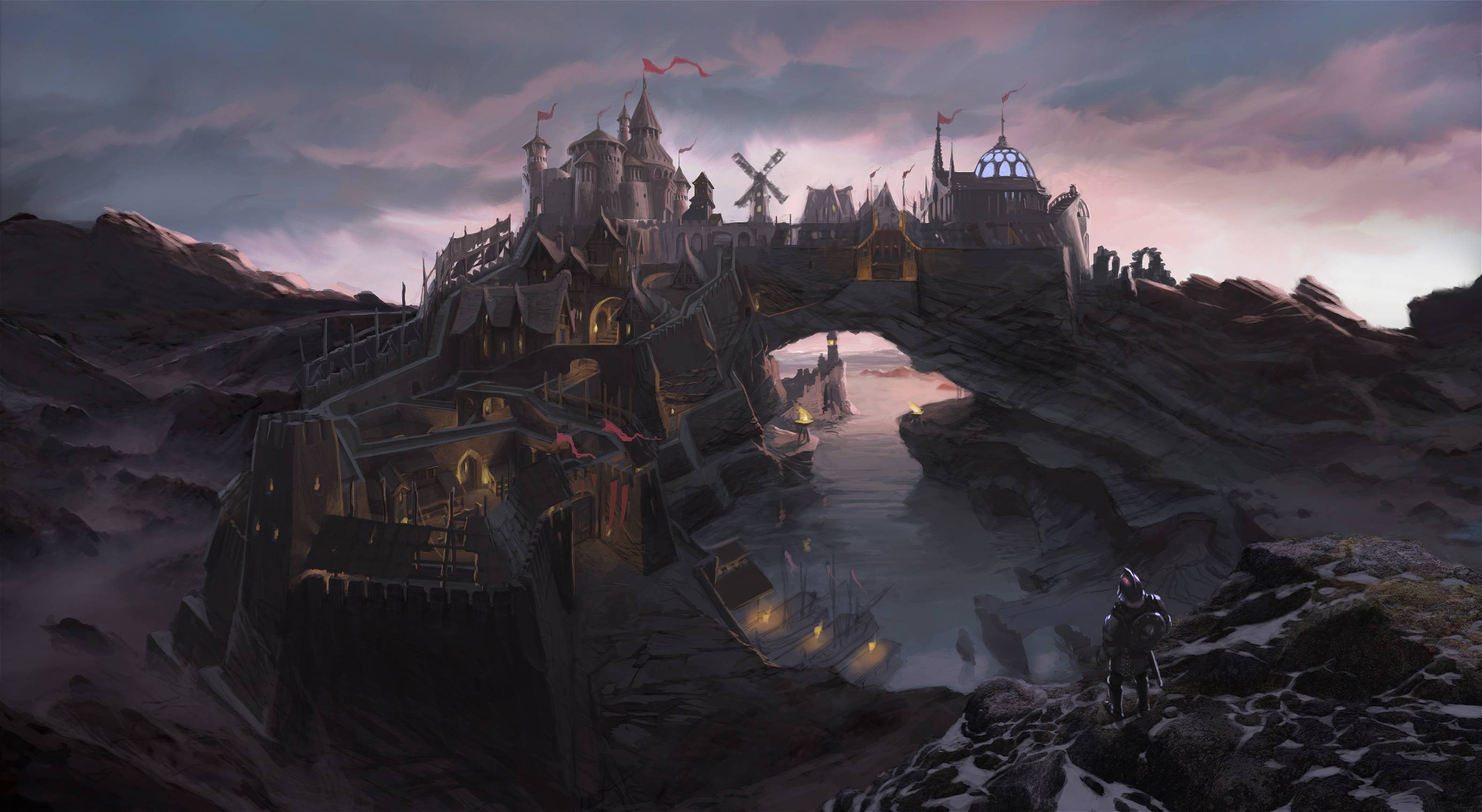 3158x1731 Gray and brown castle above the river digital wallpaper, fantasy art, knight, castle, The Elder Scrolls V: Skyrim HD wallpaper