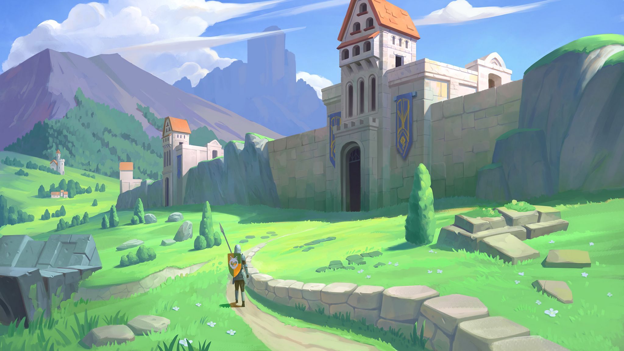 2048x1152 Download wallpaper 2048x1152 knight, warrior, castle, middle ages, fantasy, art ultrawide monitor HD background