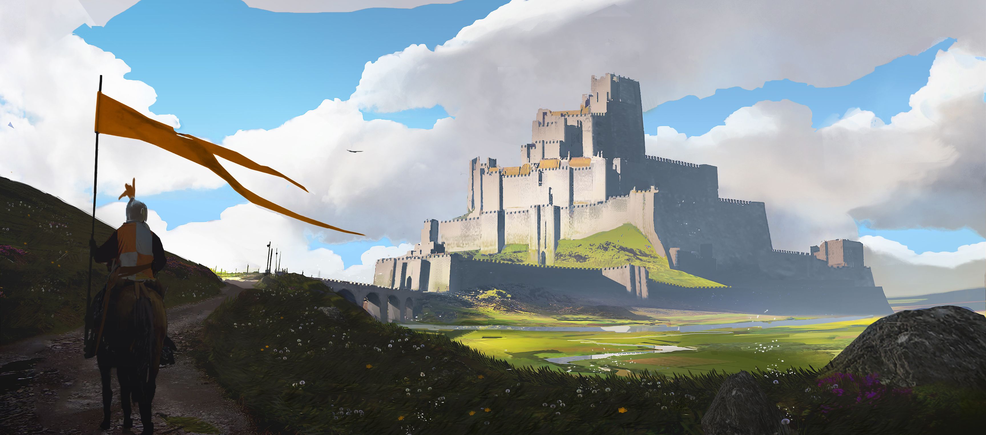 3455x1525 Desktop wallpaper: Fantasy, Castle, Banner, Horse, Knight, Landscape, Warrior, Castles 4K free download for PC. 428514