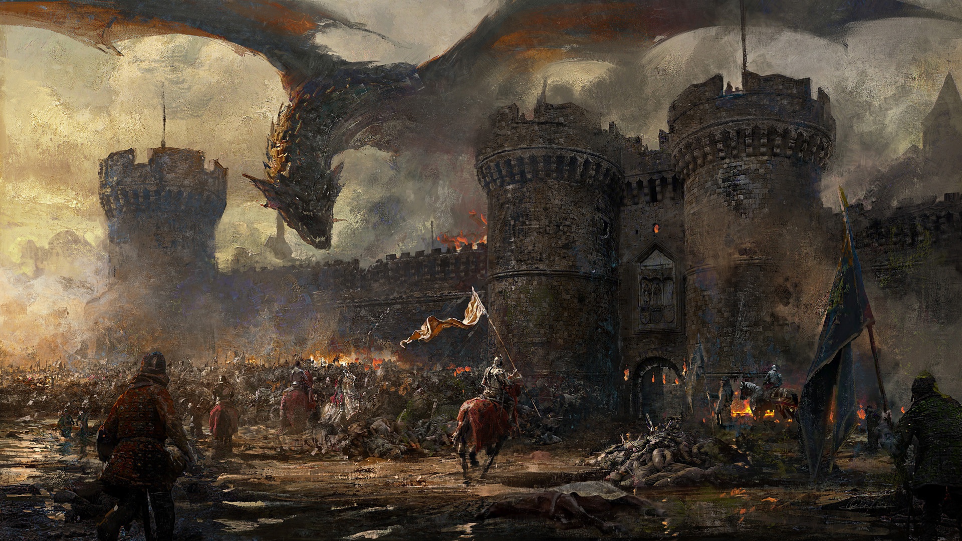 1920x1080 Wallpaper fire, wall, fantasy, soldiers, armor, smoke, army, dragon for mobile and desktop, section фантастика, resolution 1920x1080