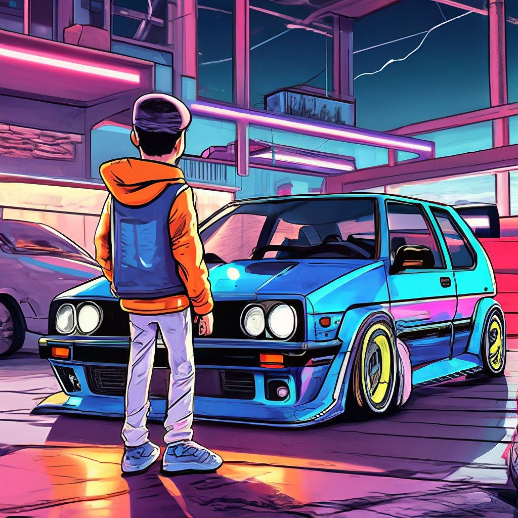 1024x1024 A boy with cap watching gtr golf 6 modified in car shop garage., night and