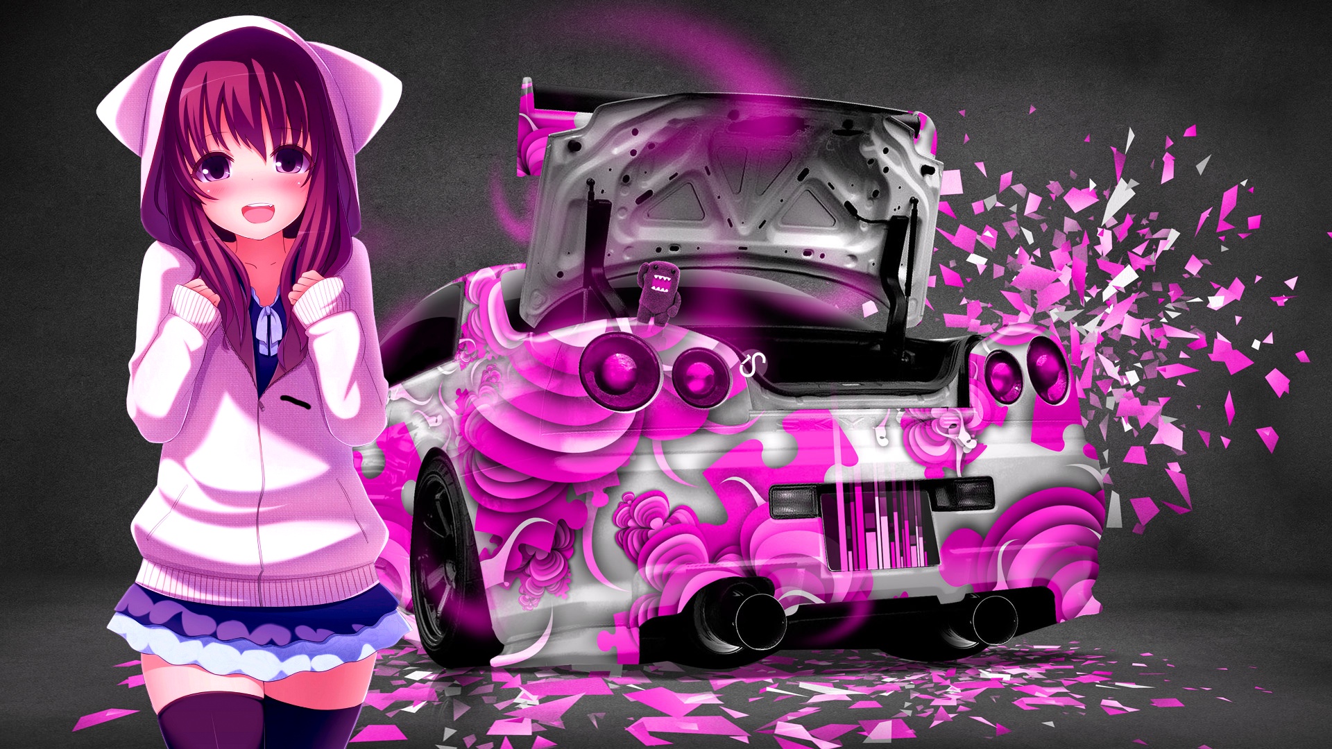 1920x1080 Wallpaper machine, auto, girl, skirt, stockings, anime, pink, car for mobile and desktop, section прочее, resolution 1920x1080