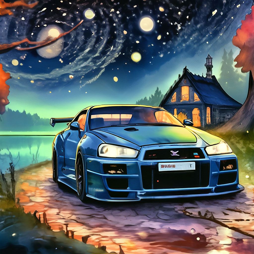 1024x1024 Car, Nissan Skyline GT R, Engraving + Color Illustration, Horror Aesthetics, Stardust, Poisonous Landscape, Forest