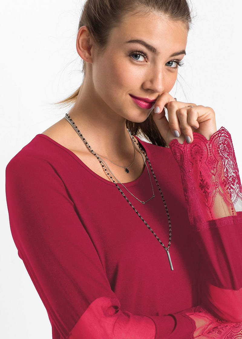 800x1120 Lorena Rae, women, model, brunette, blue eyes, smiling, red clothing, HD phone wallpaper