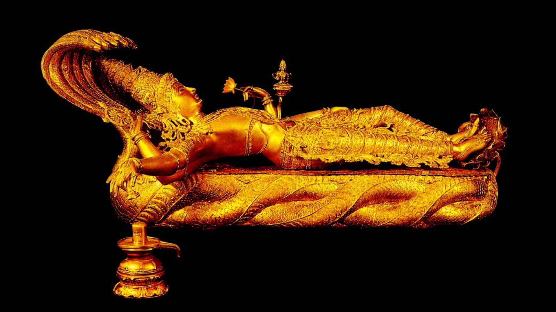 1920x1080 Gold Statue Of Lord Vishnu In Black Background HD Vishnu Wallpaper