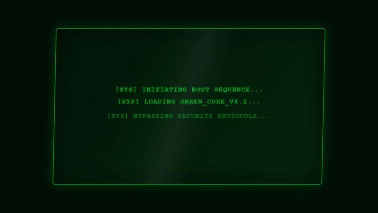 1244x700 Retro digital computer interface booting up with green system text overlay