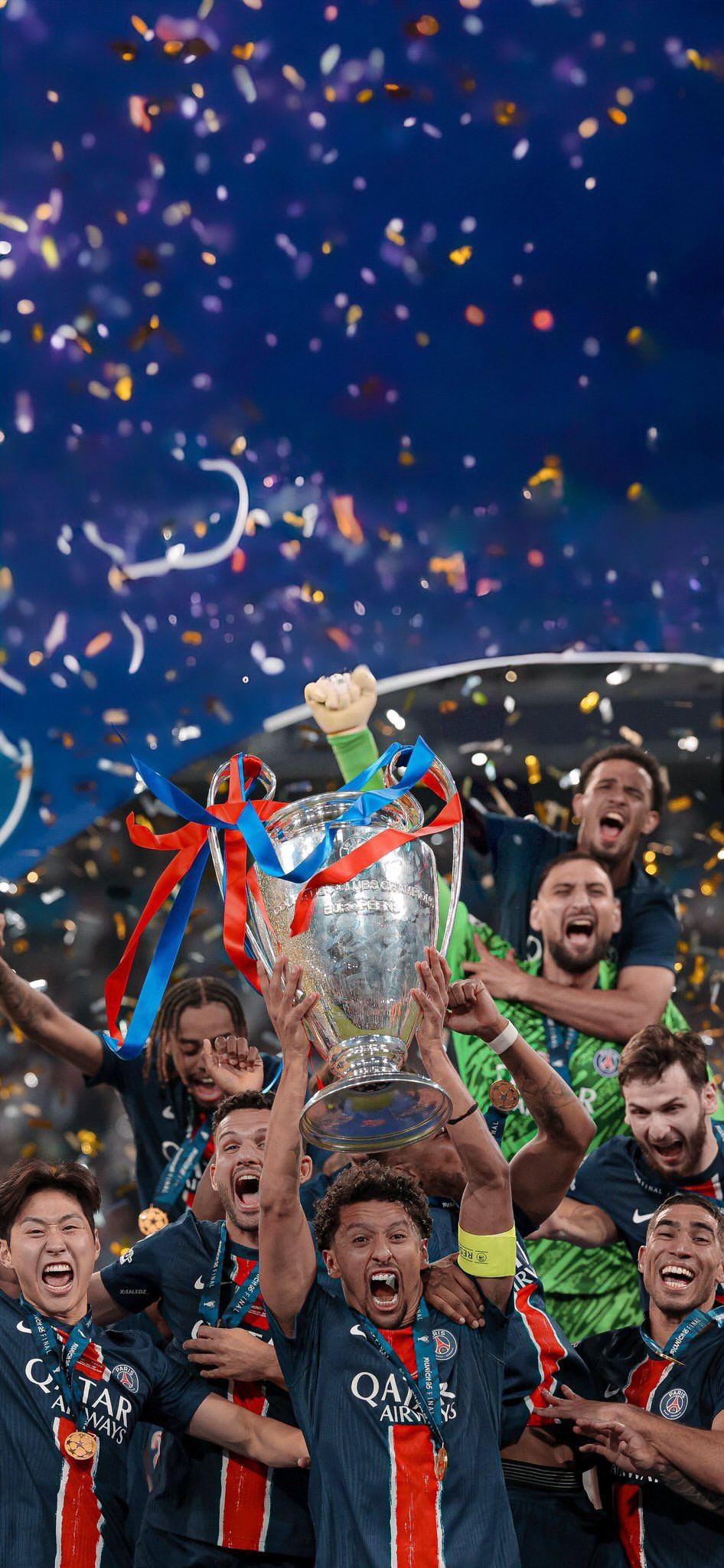 946x2048 PSG players celebrating with Champions League trop Football Wallpaper