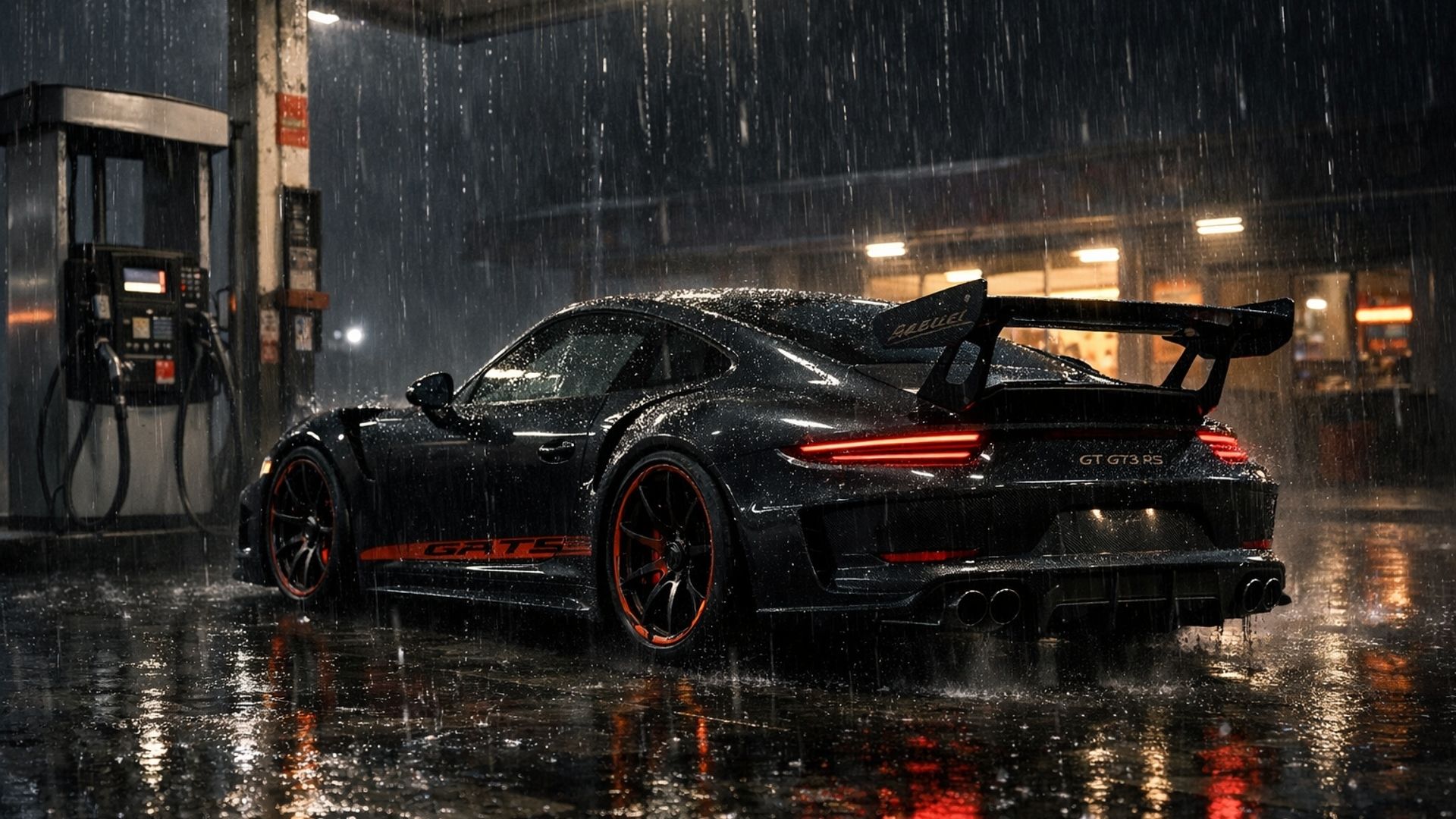 1920x1080 Midnight Rain Reflections with a Black Porsche 911 GT3 at the Pump