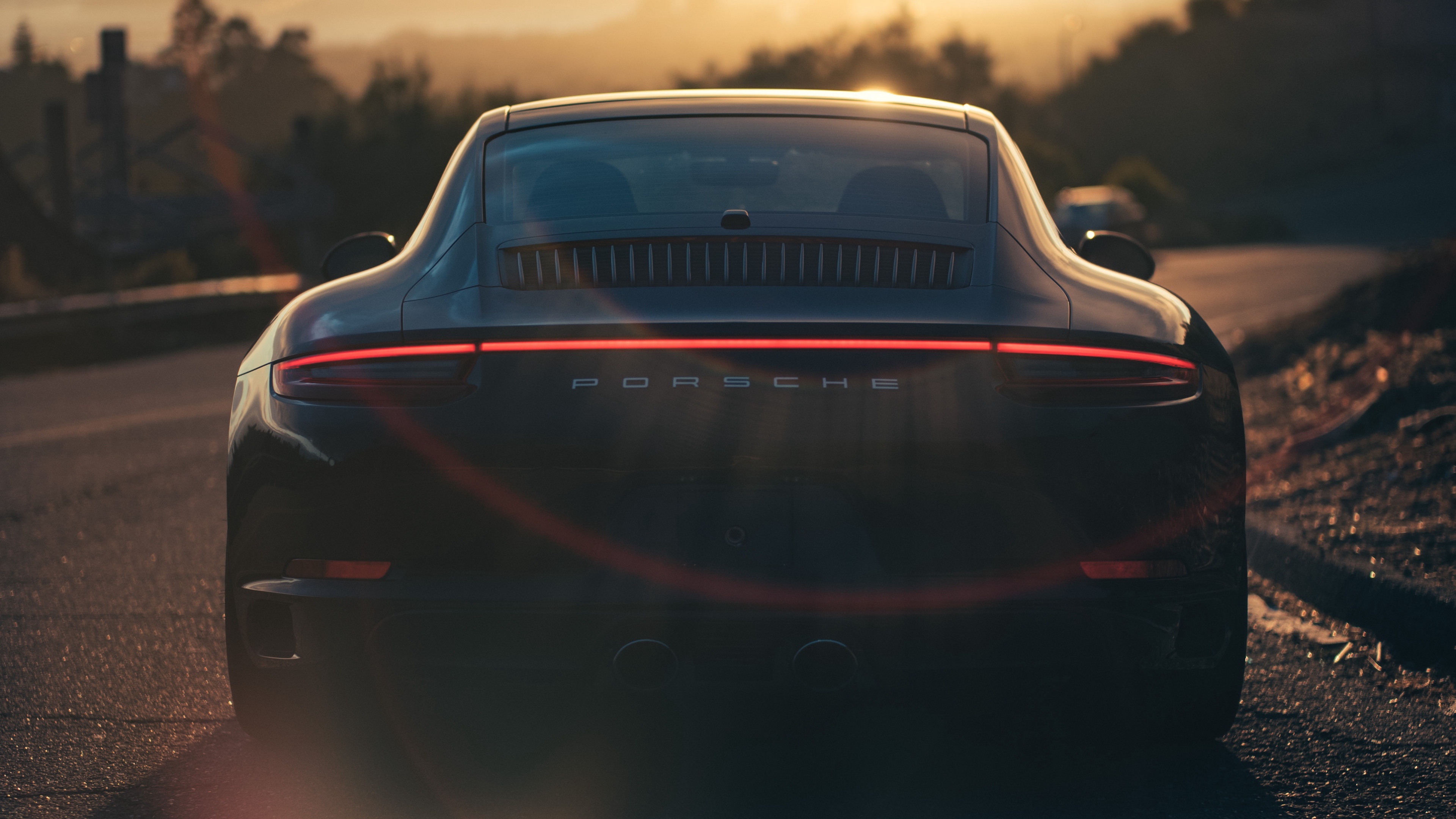 3840x2160 Wallpaper machine, auto, sunset, glare, black, Porsche, rear view for mobile and desktop, section porsche, resolution 3840x2160