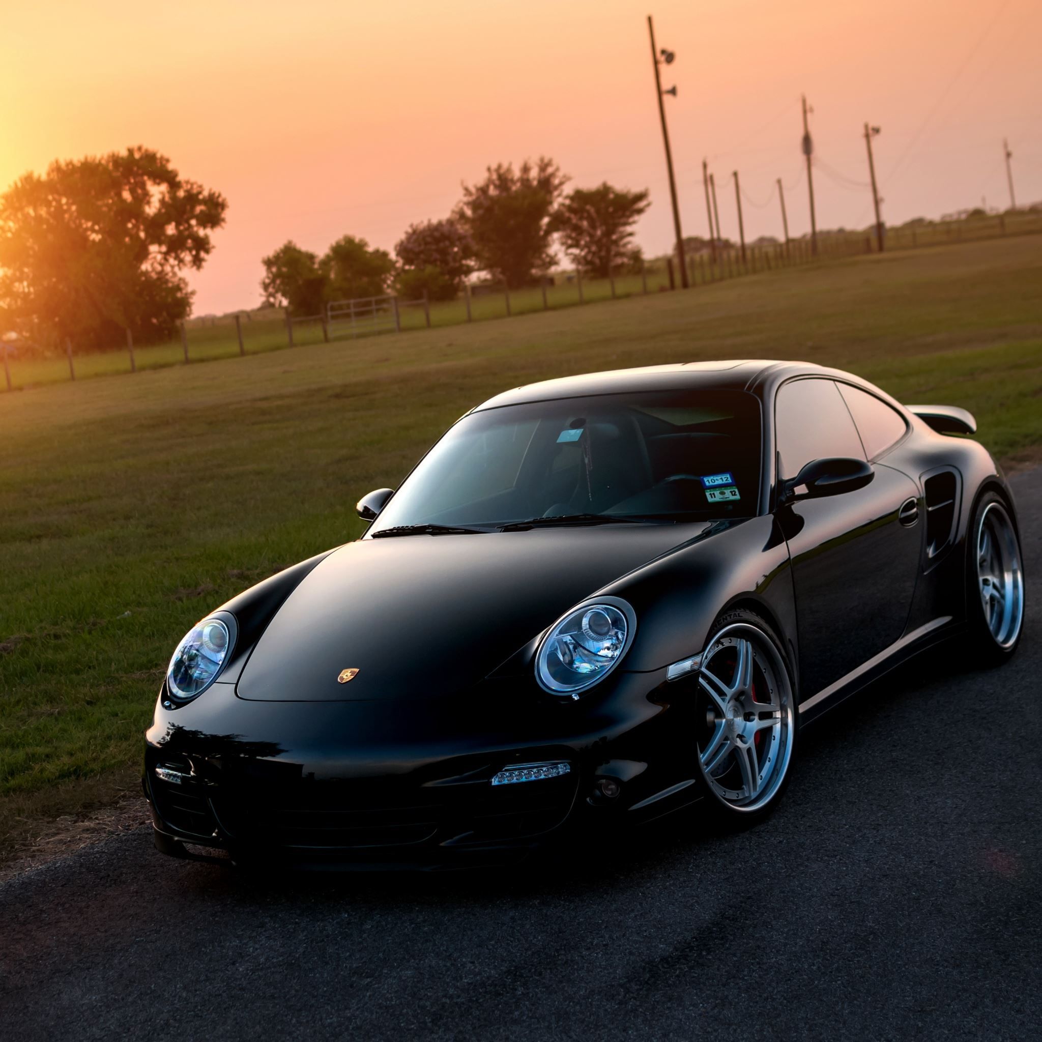 2048x2048 Porsche 911 Turbo 997 Black Front Sun Grass Reflections iPad Air Wallpaper Free Download