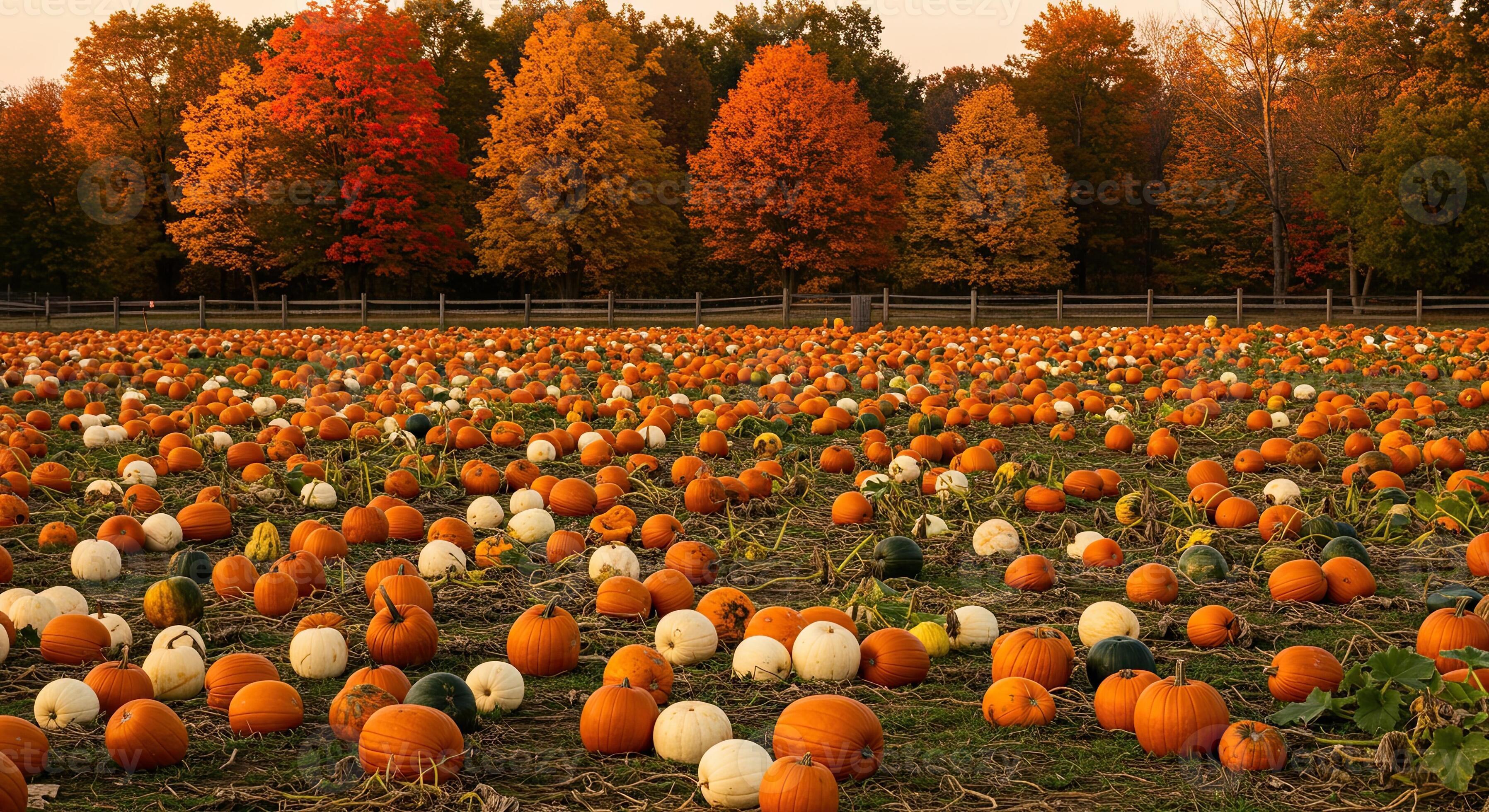 3593x1960 Vast pumpkin patch field with vibrant orange pumpkins and autumn foliage background